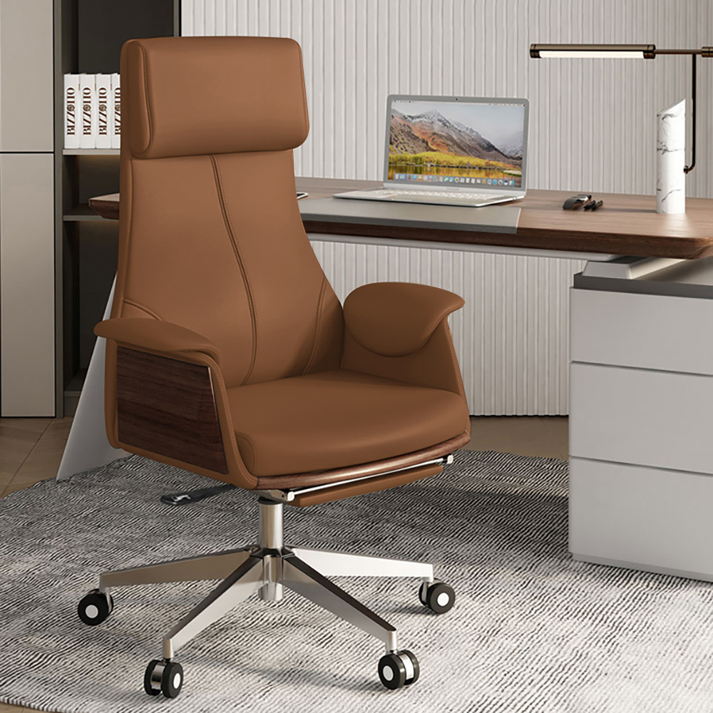 Reclining Leather Office Desk Chair High Back Adjustable Swivel Brown Executive Chair