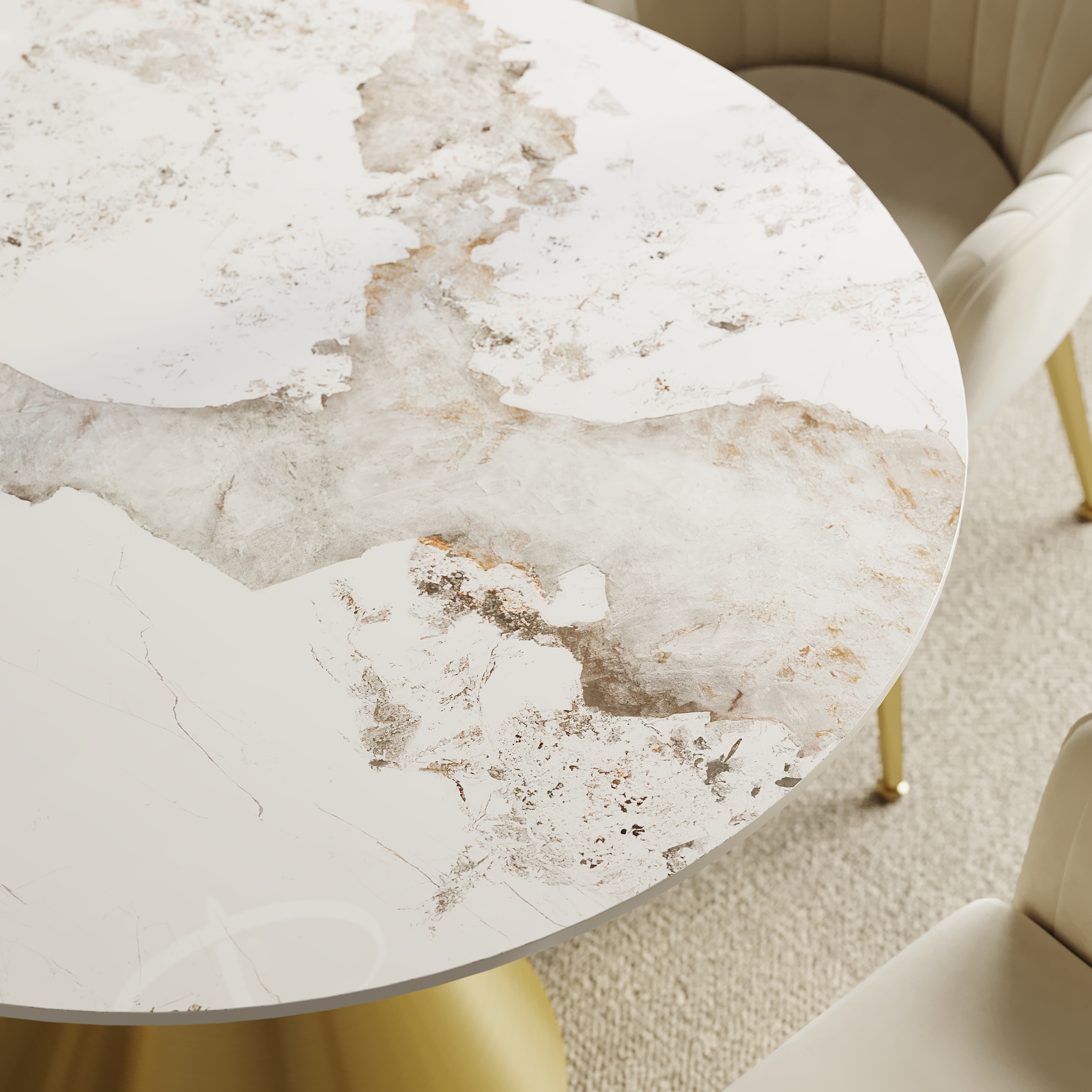 39" Pandora Faux Marble Round Dining Table with Glossy Gold Base for 4 People