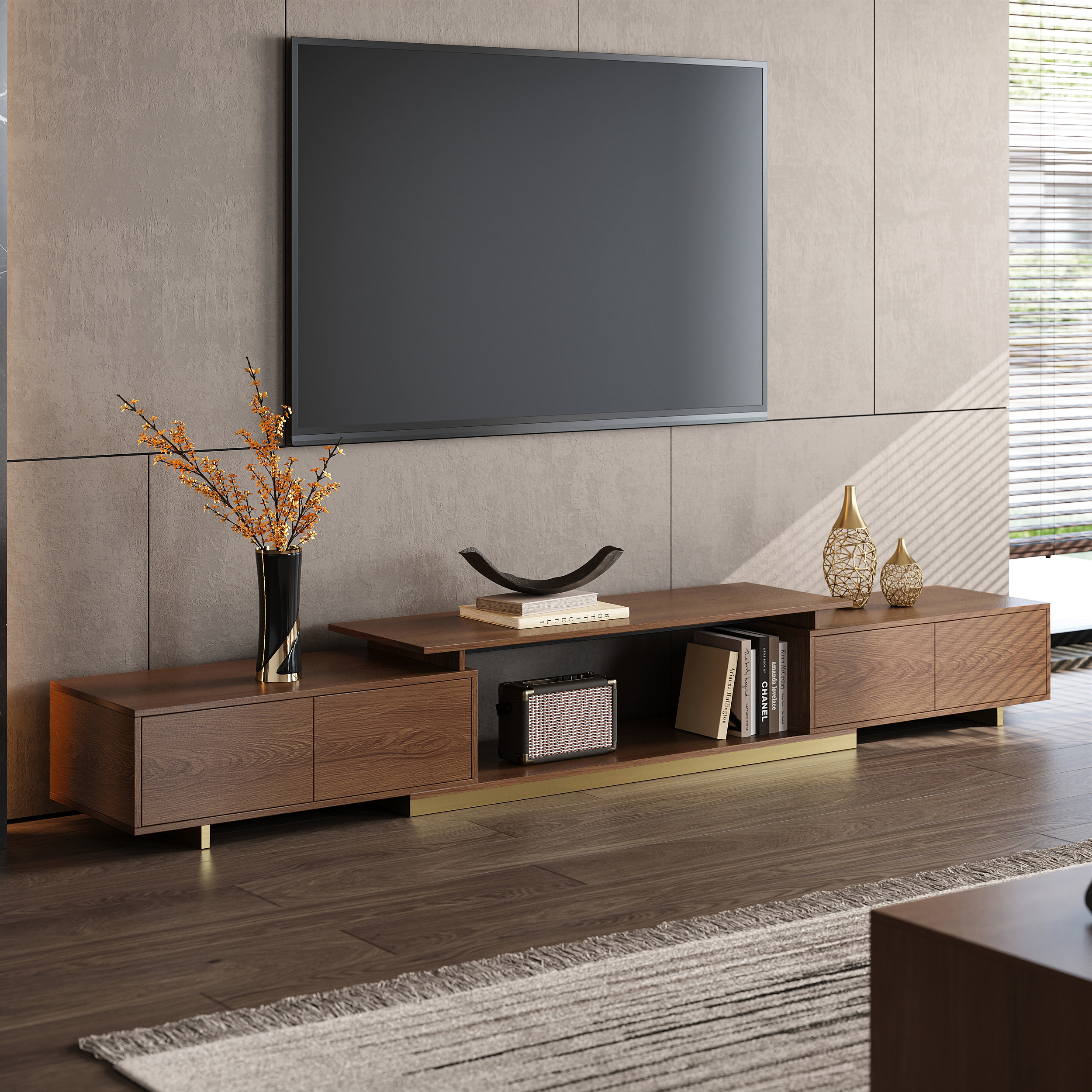 Living Room Cabinet Set Rectangle Glossy Walnut Extendable TV Stand & 70.8" Glossy Walnut Coffee