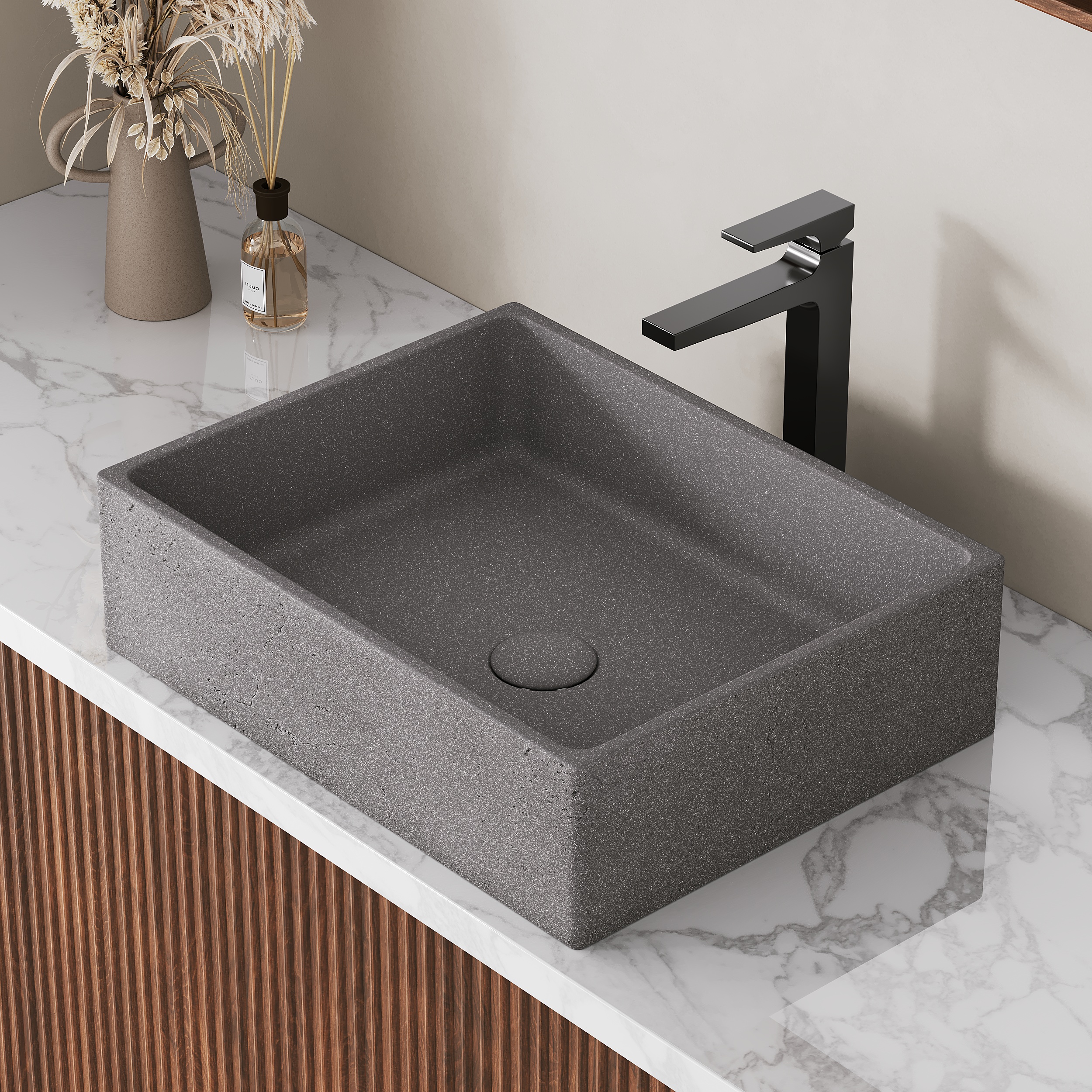 Square Gray Concrete Vessel Sink—18'' Modern Rectangular Countertop Basin for Bathroom Vanity