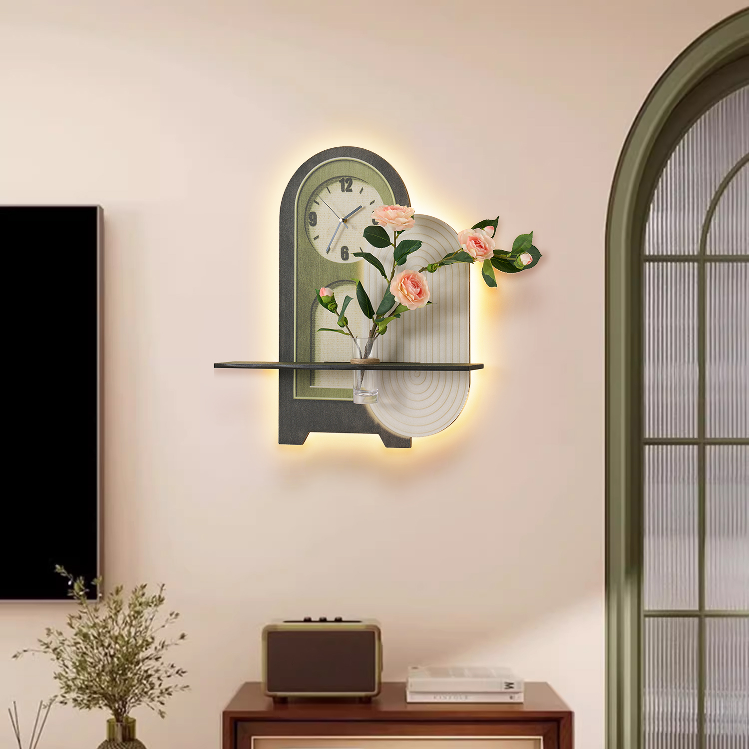 23.6'' Decorative LED Wall Clock in Deep Green and White with Glass Vase and Artificial Flowers