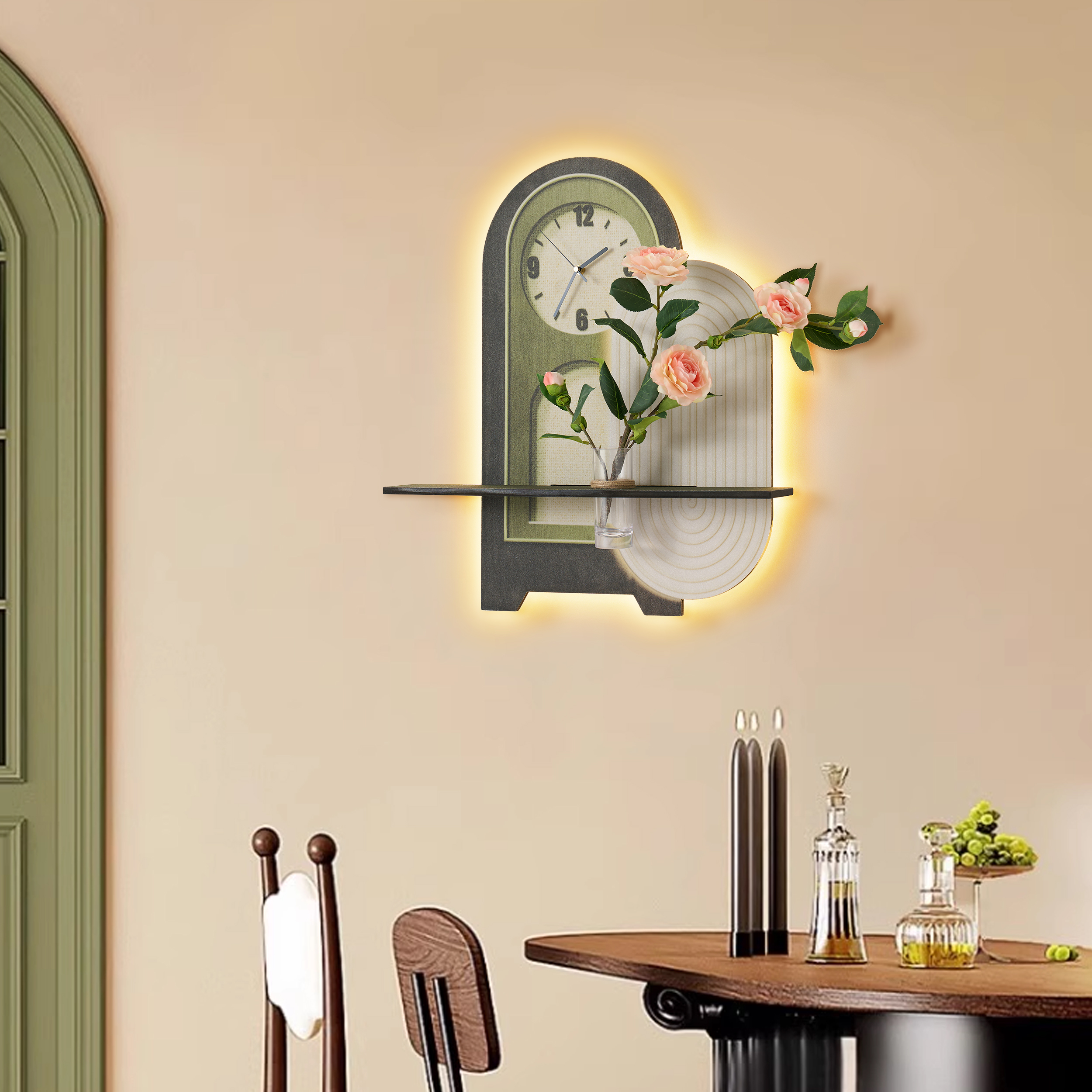 23.6'' Decorative LED Wall Clock in Deep Green and White with Glass Vase and Artificial Flowers