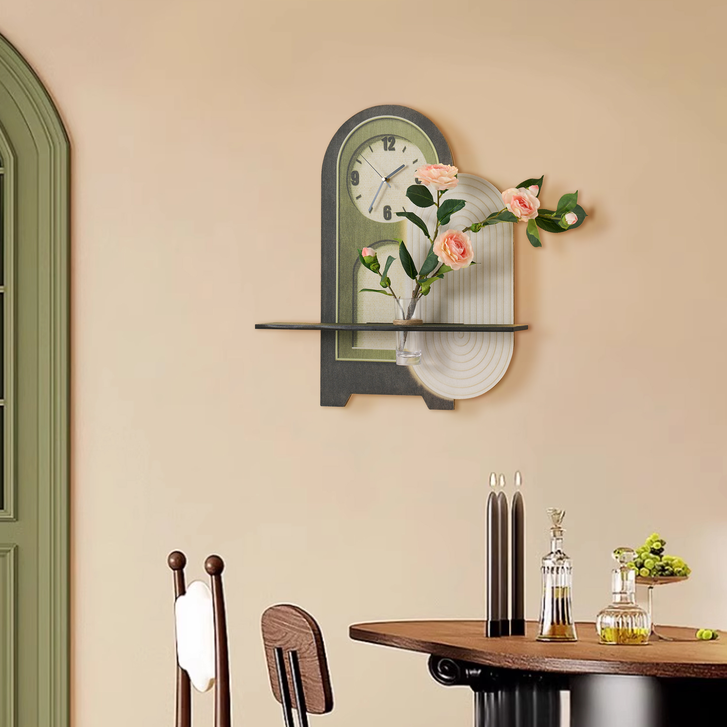 23.6'' Decorative LED Wall Clock in Deep Green and White with Glass Vase and Artificial Flowers