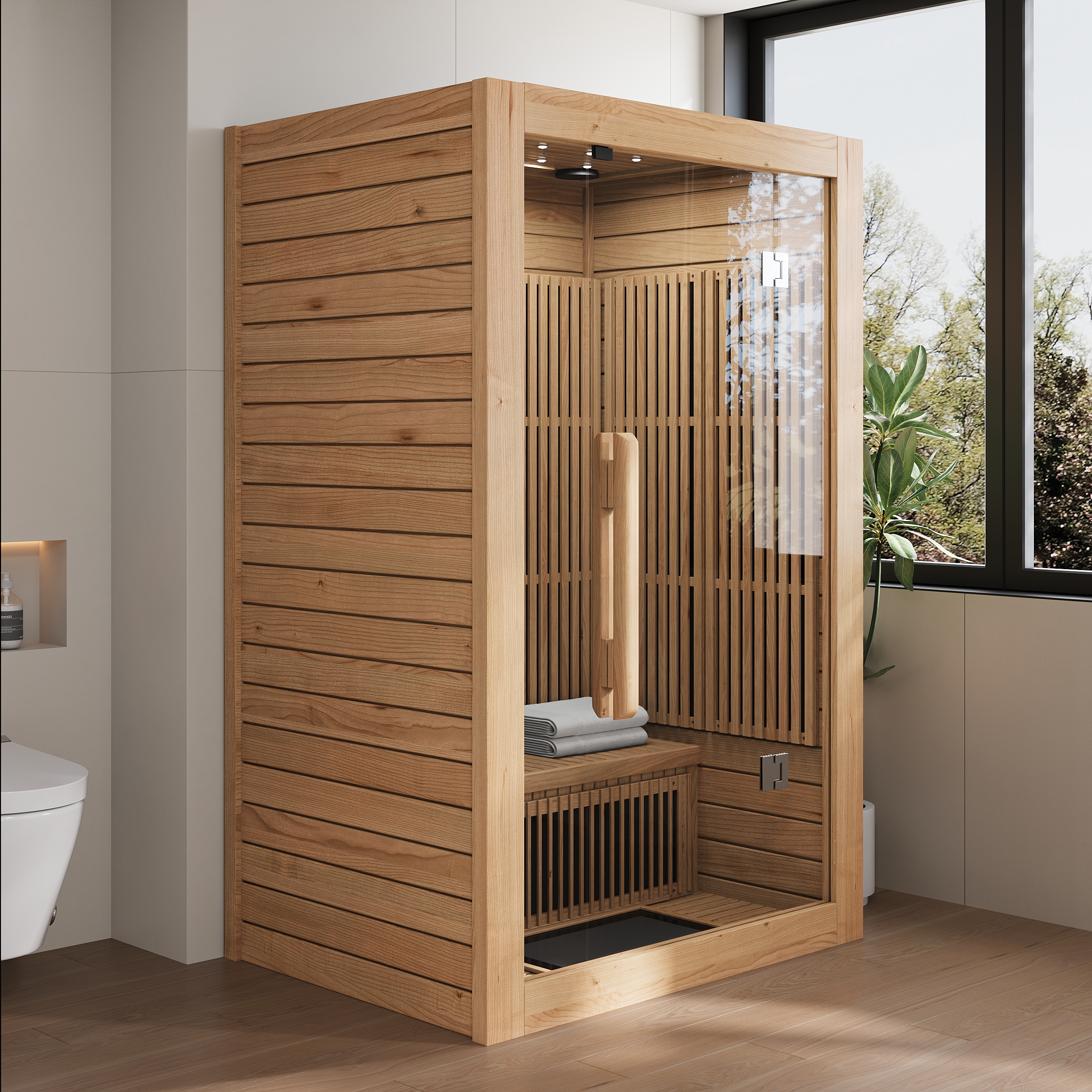 2-Person Indoor Infrared Sauna Room with Vertical Grille Decor, LED Mood Lighting, Bluetooth Speakers, Touch Control Panel, and Floor Heating