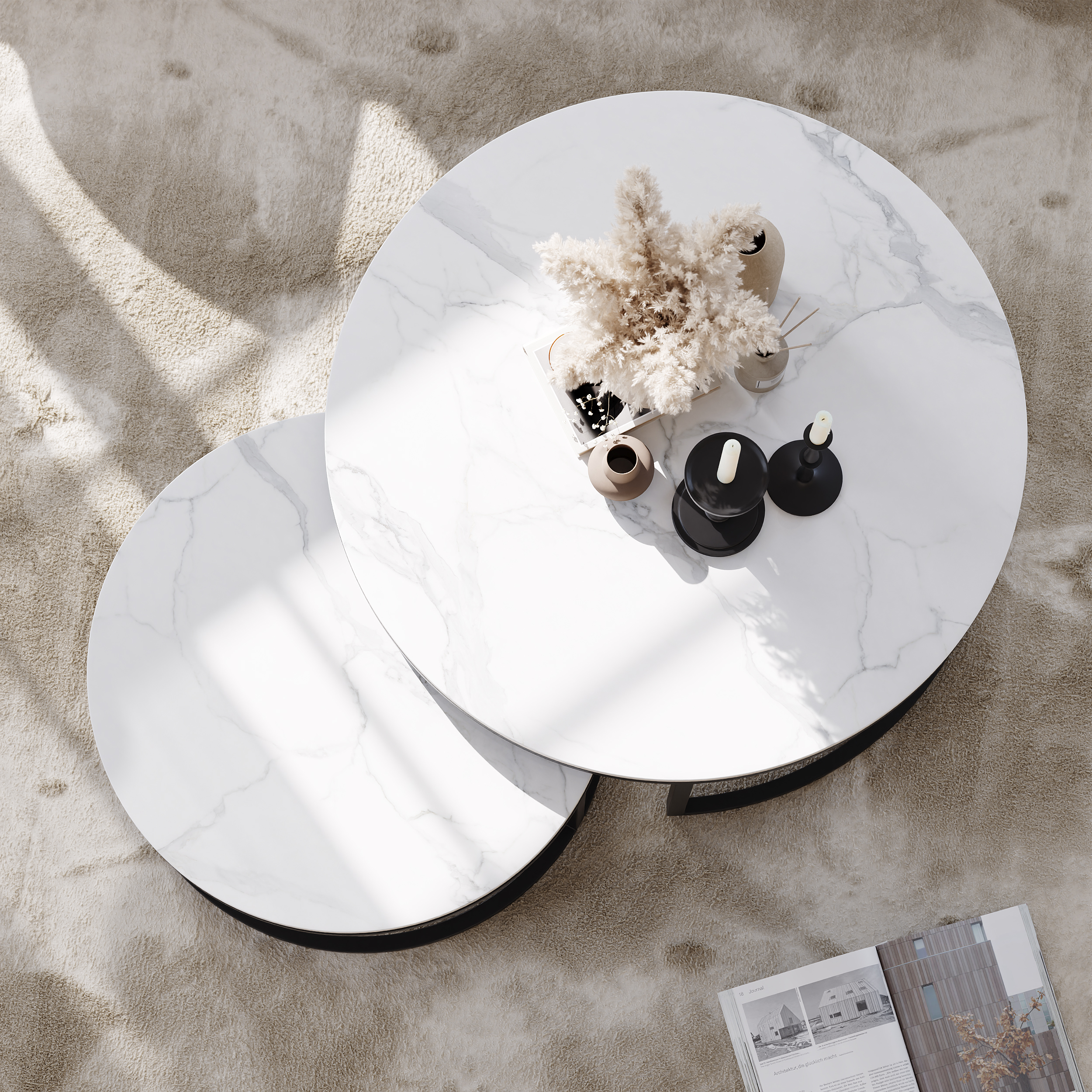 Round Sinterstone and Metal Coffee Table Set in White and Black with Nesting Design, 80 cm Modern Living Room Table