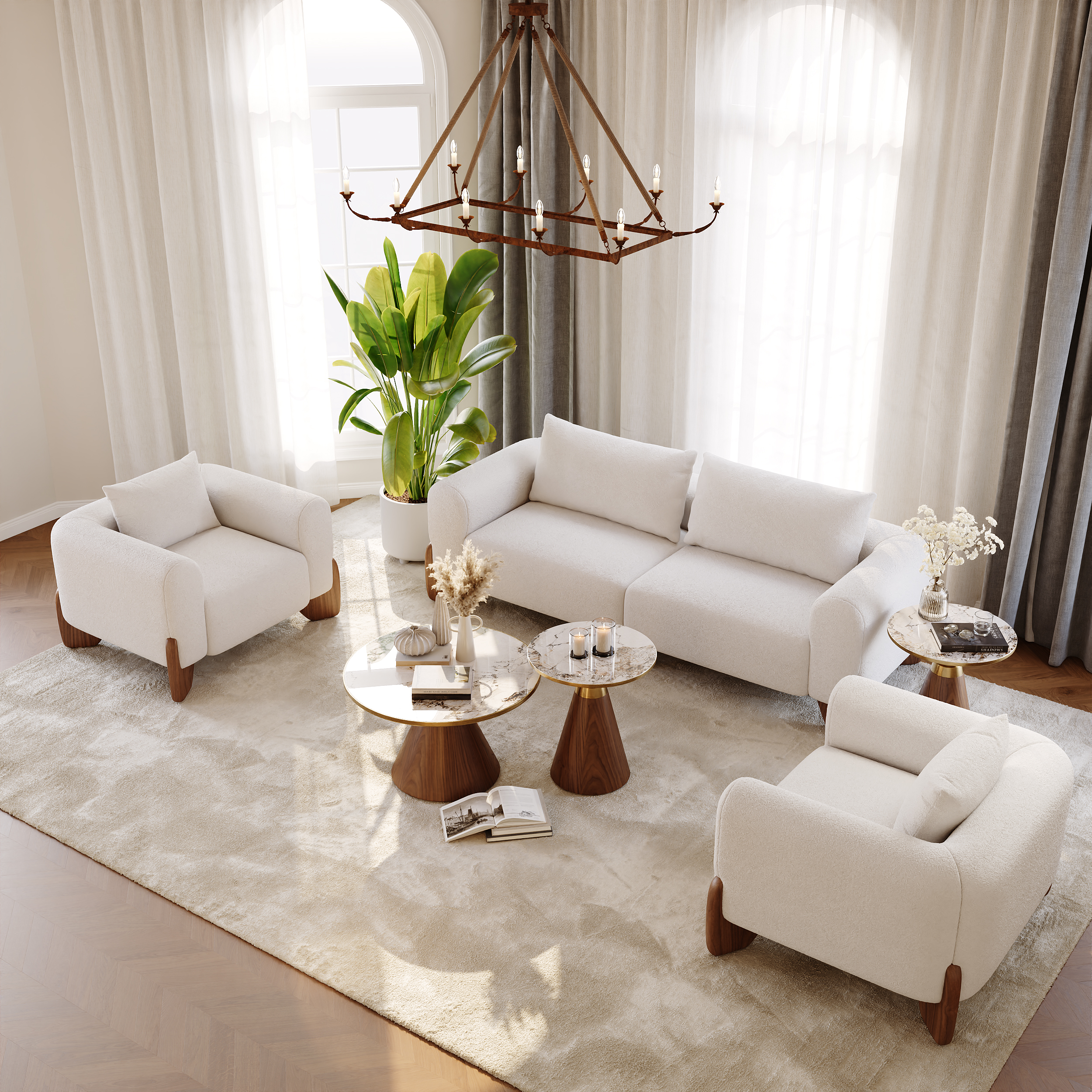 Sintered Stone Round Coffee Table 2 Pieces Set Modern Walnut Living Room Furniture