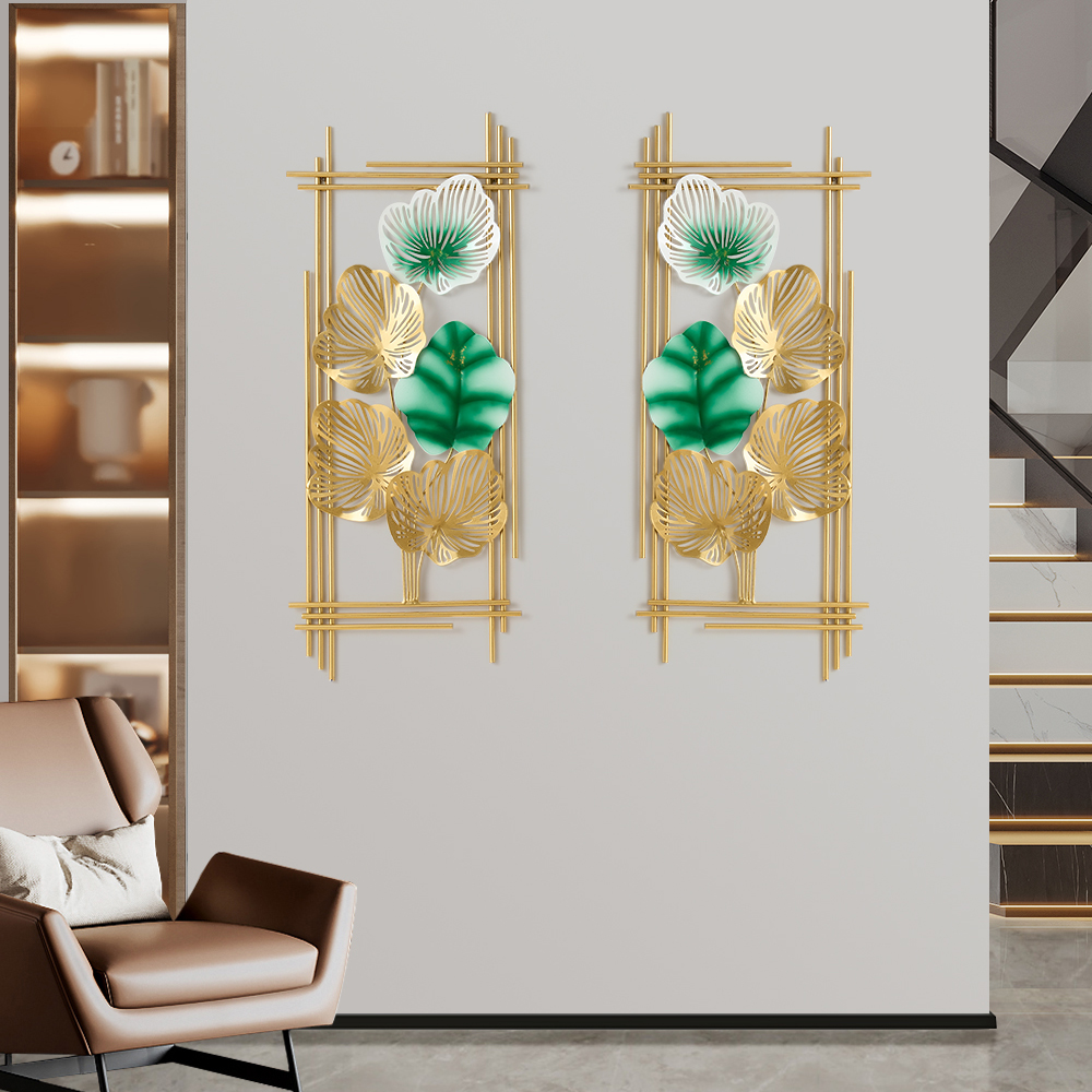 33.9" 2 Pieces Metal Leaf Framed Wall Decor Gold & Green Rectangle in Living Room