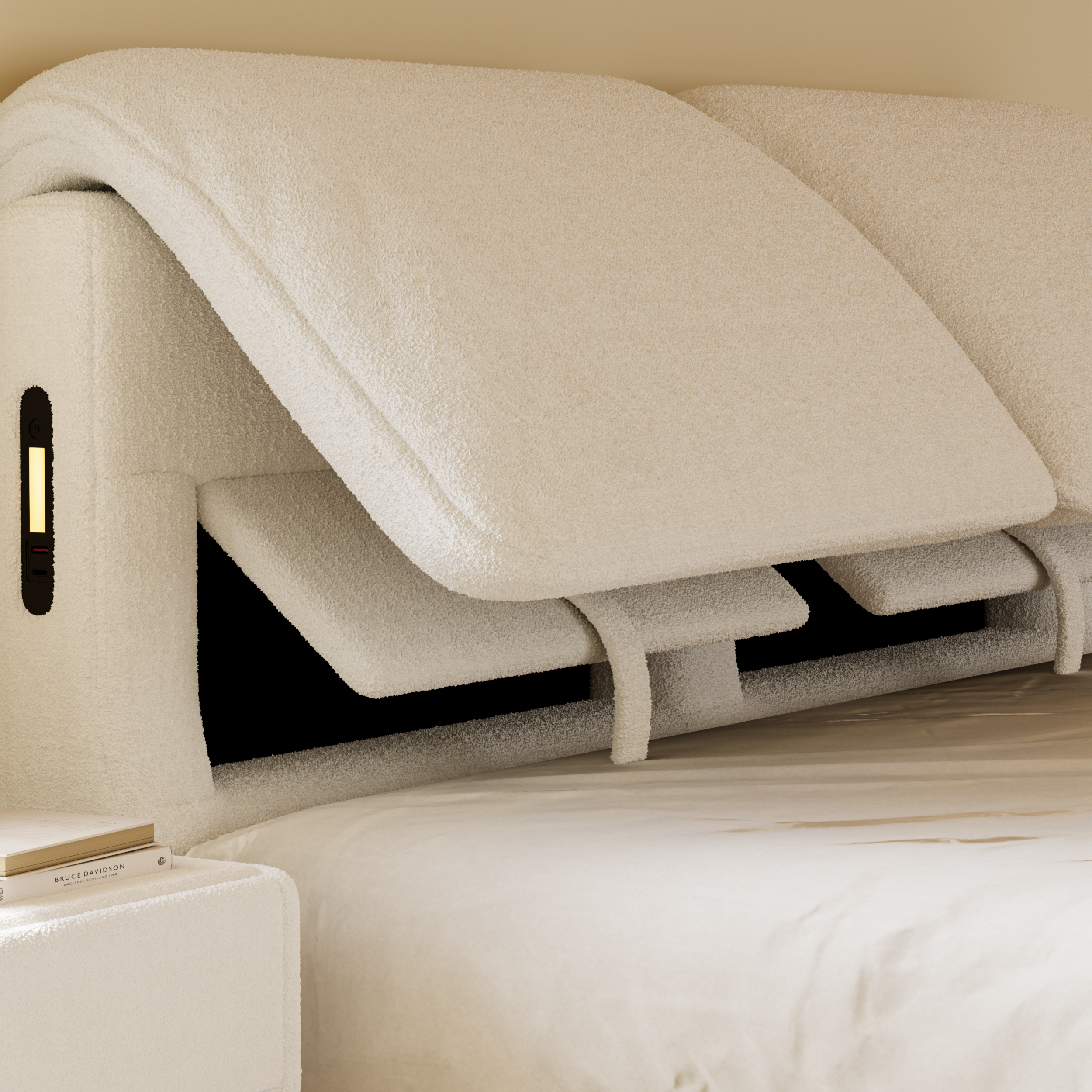 Modern King Size Boucle Storage Bed with Light & Charging Station