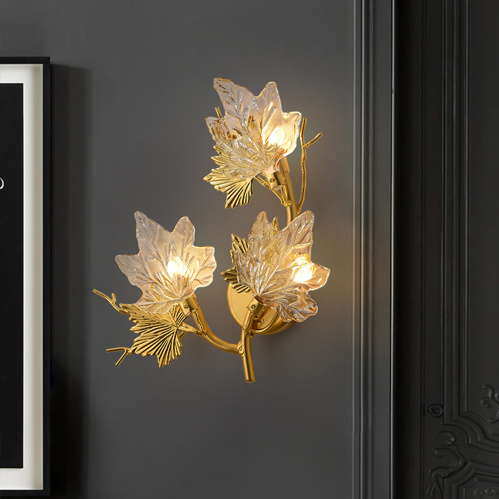 Gold Maple Leaf Wall Sconce – Elegant 3-Light Glass Shade Fixture, 18.1"