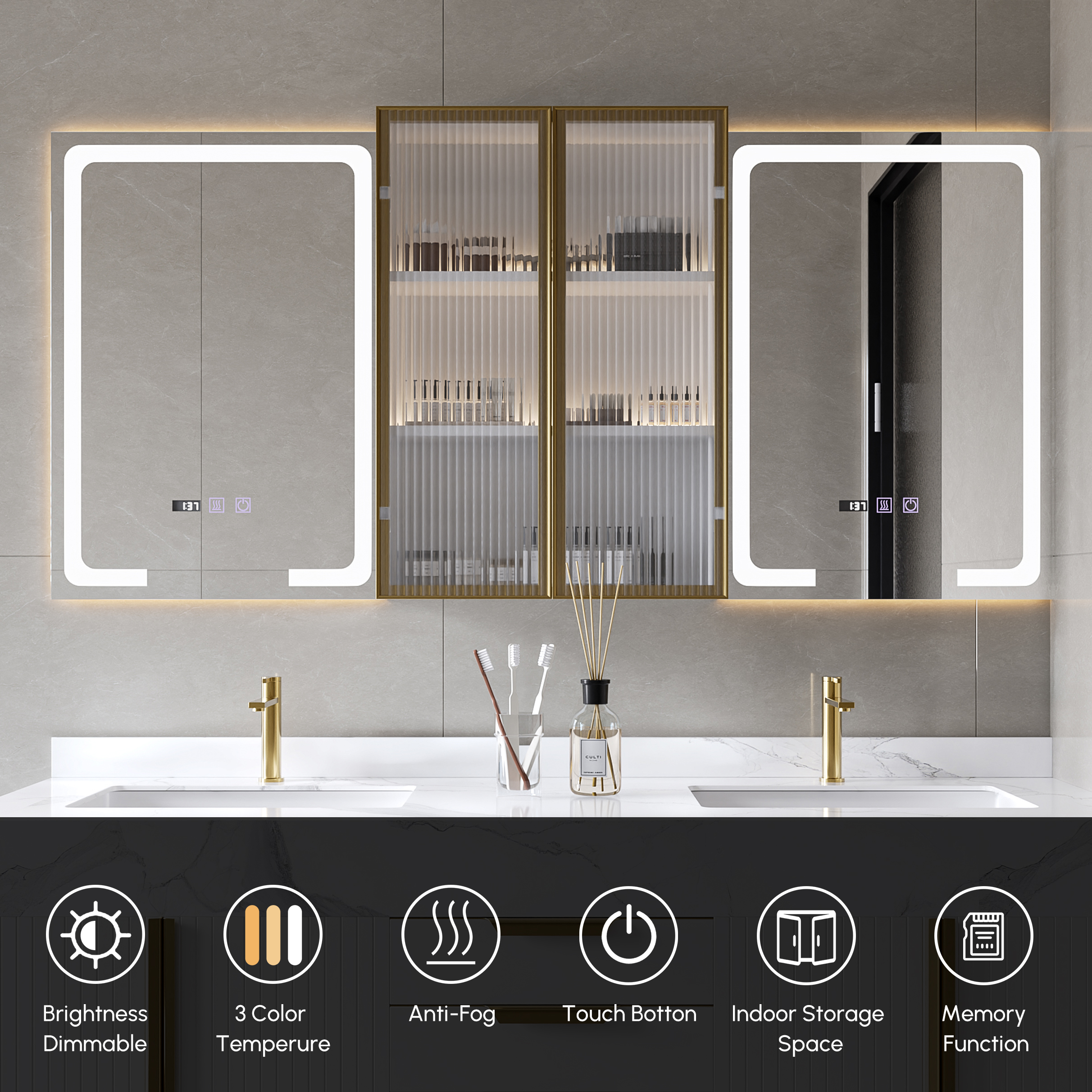 Miroir de salle de bain mural en bois avec portes pour armoire à pharmacie éclairée par LED 1500mm image de vente