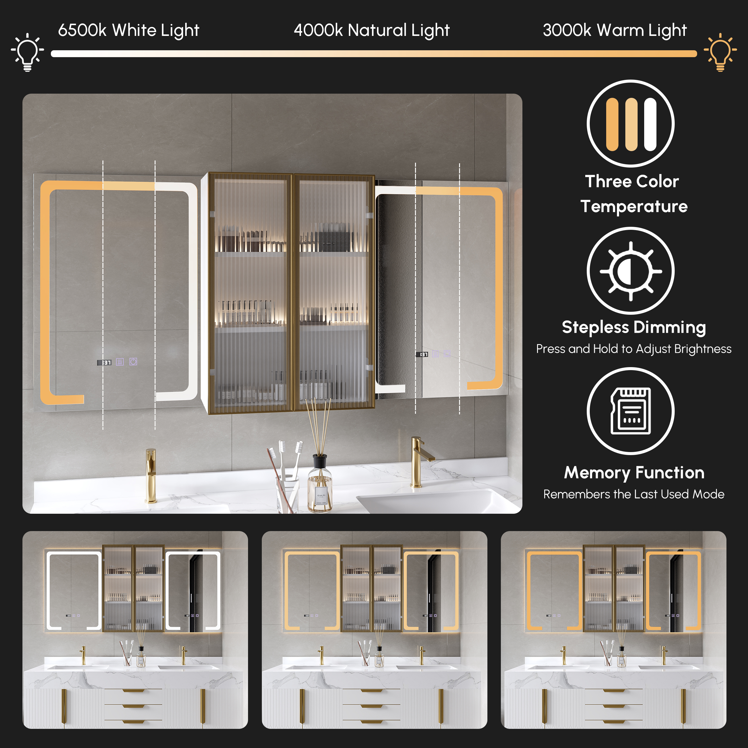 Miroir de salle de bain mural en bois avec portes pour armoire à pharmacie éclairée par LED 1500mm image de vente