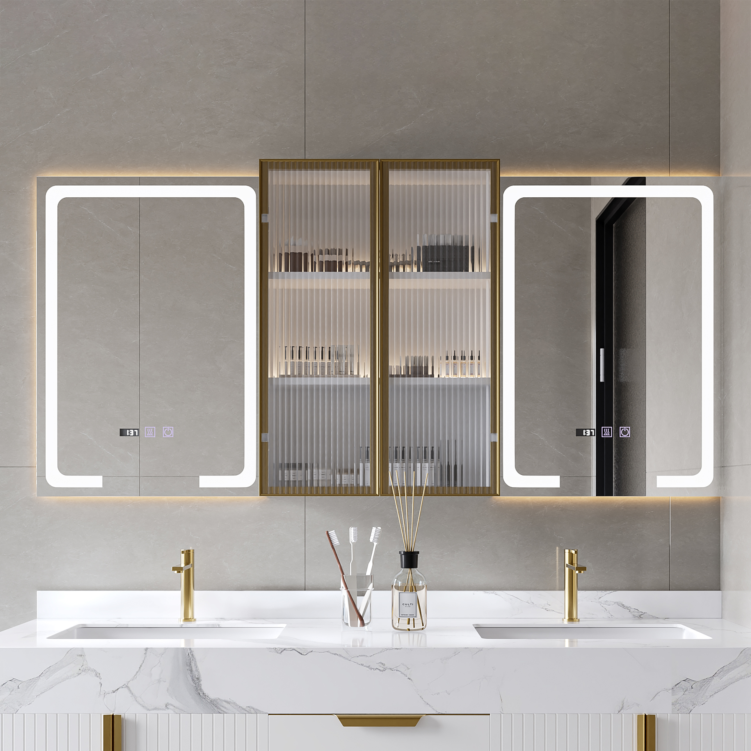 59" LED Lighted Medicine Cabinet Wooden Wall-mounted Bathroom Mirror with Doors