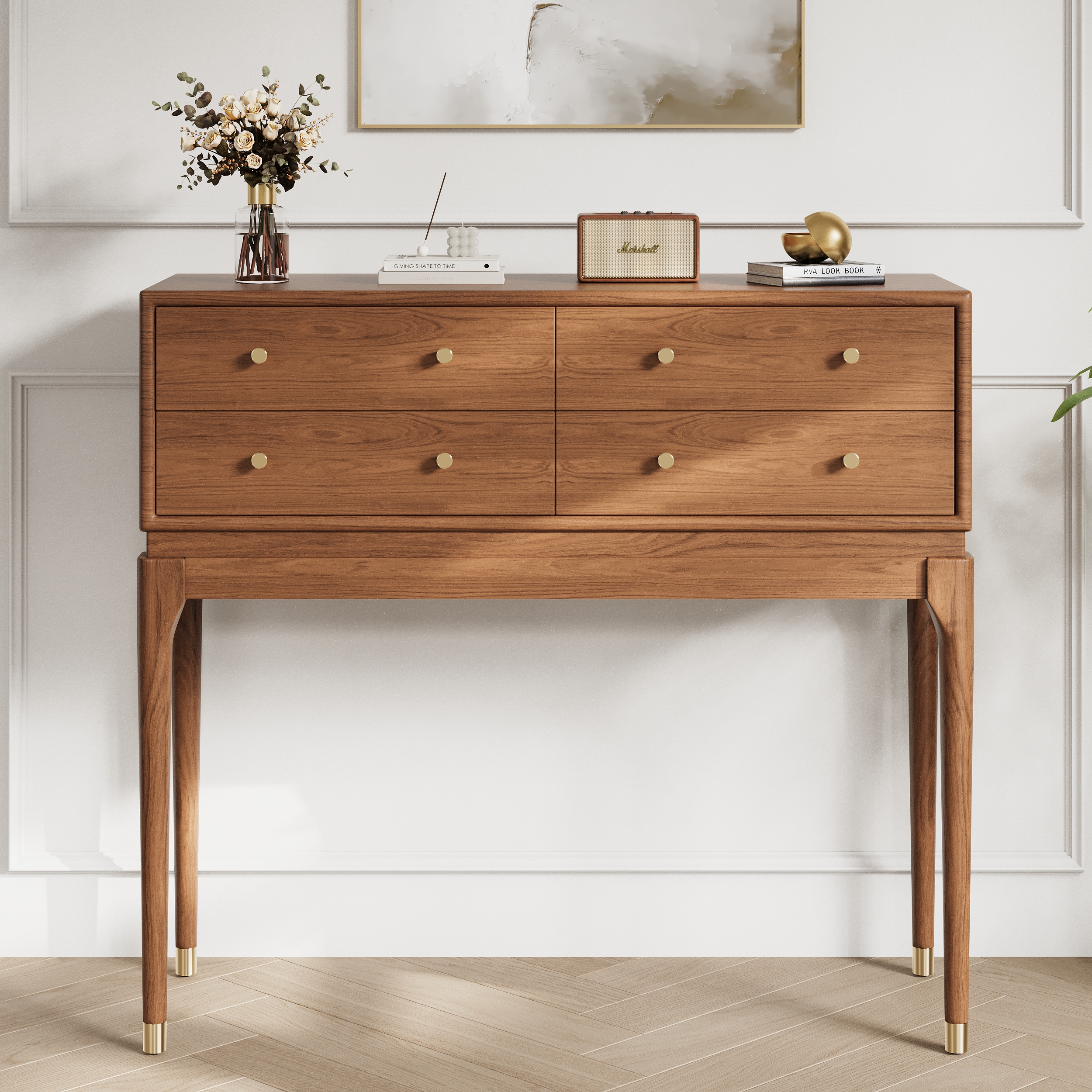 39.4" Mid Century Modern Console Table with Storage Walnut Wood Console Hall Table with 4
