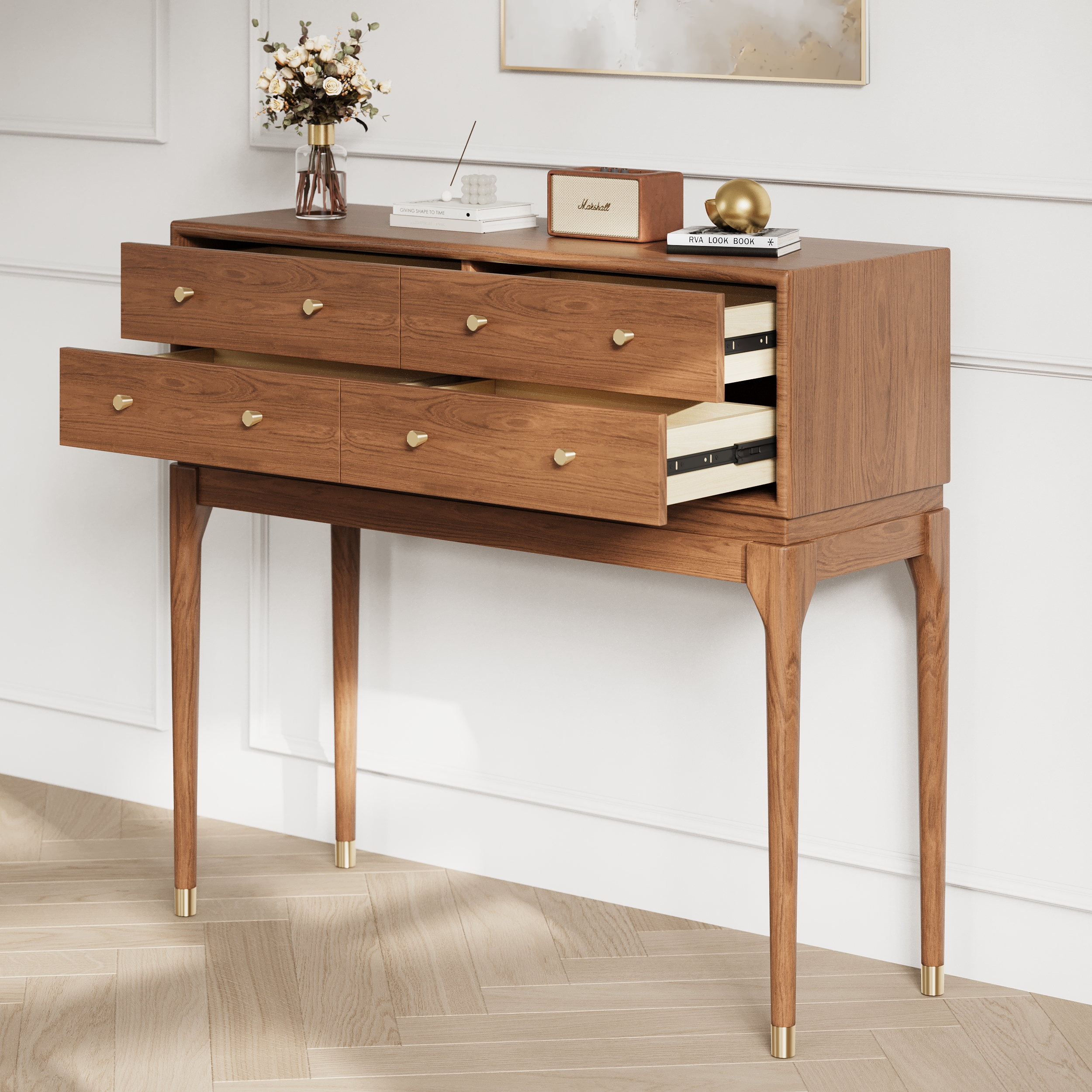 39.4" Mid Century Modern Console Table with Storage Walnut Wood Console Hall Table with 4