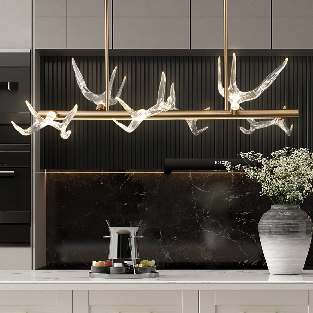 Modern Resin Deer Horn 6-Light Chandelier Gold Pendant Light