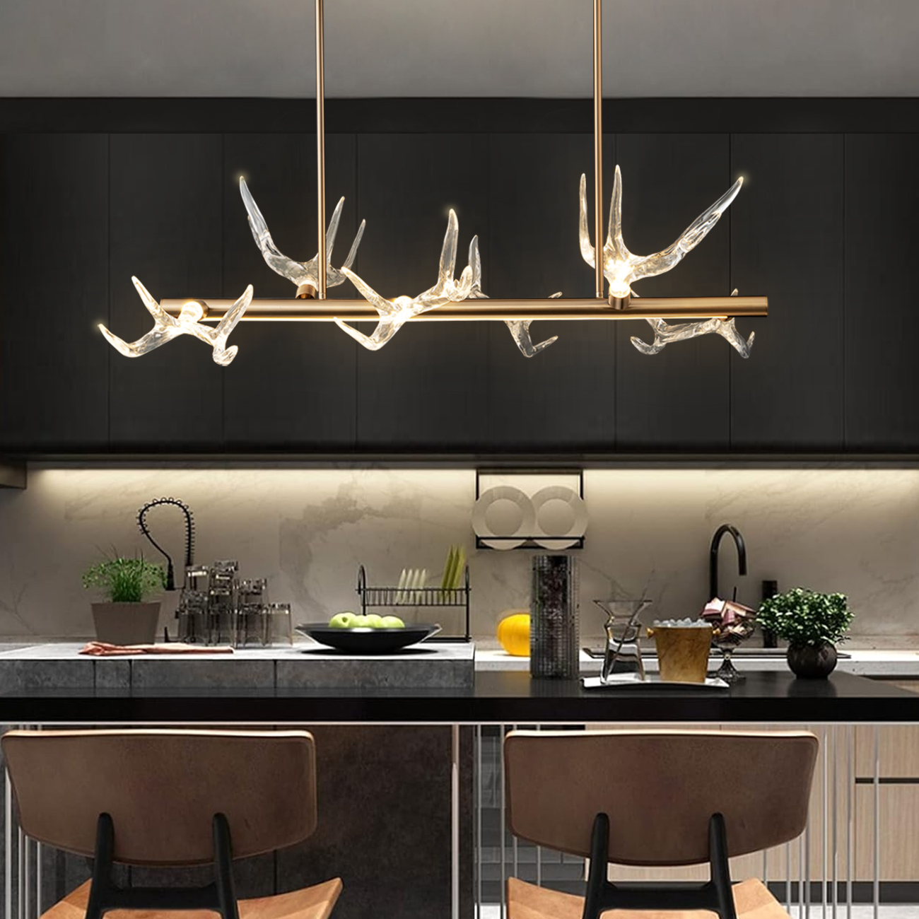 Modern Resin Deer Horn 6-Light Chandelier Gold Pendant Light