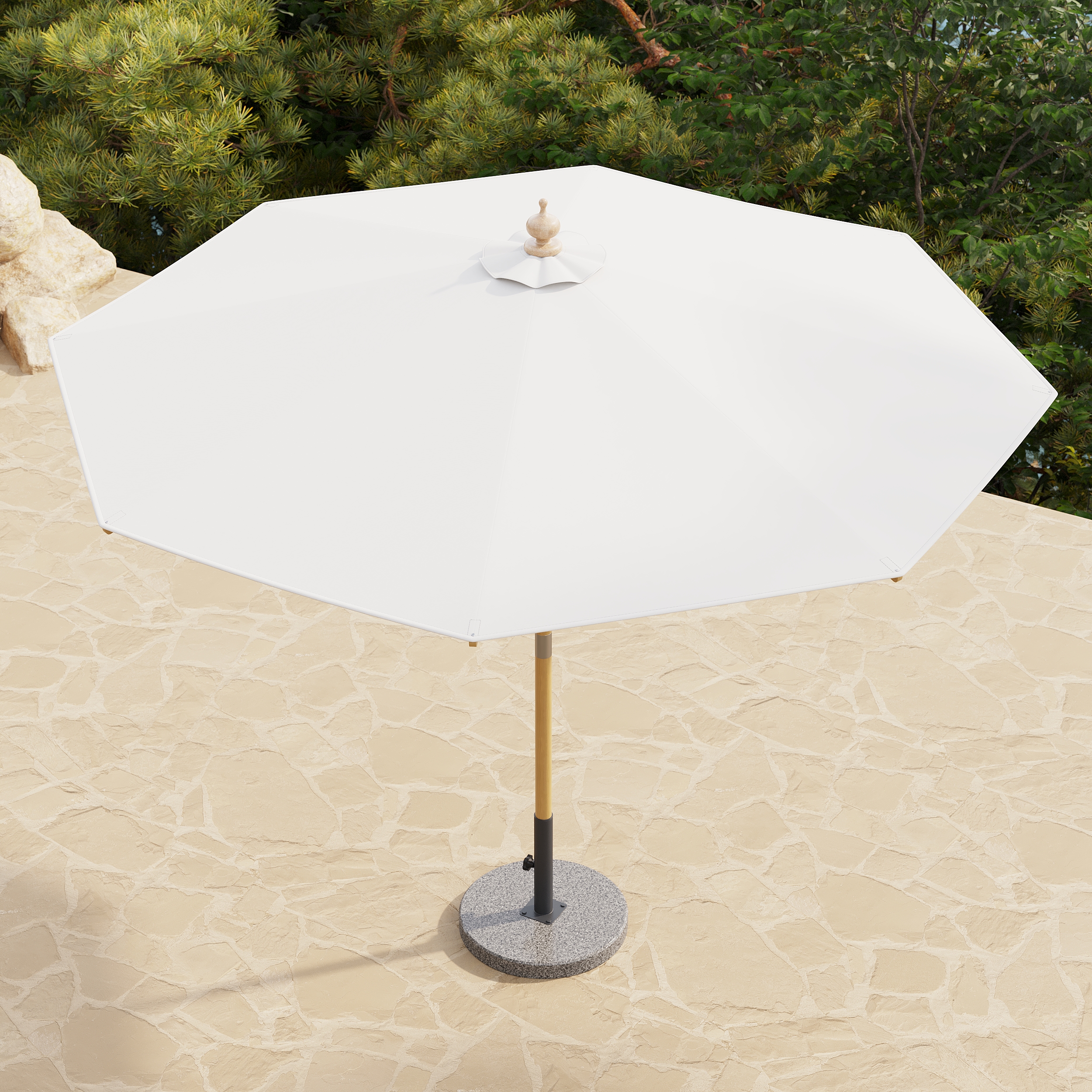 10 ft. Patio Center Pole Umbrella with Marble Stand Outdoor Sun Umberlla for Pool / Beach in White