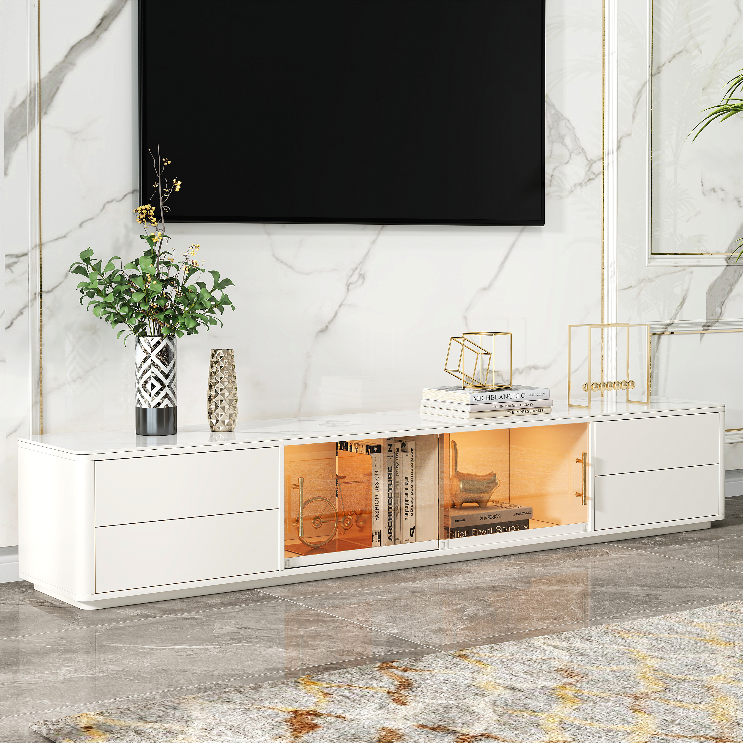 85" White Wood Rectangle TV Stand Sintered Stone Top 4-Drawer Glass Doors Cabinet
