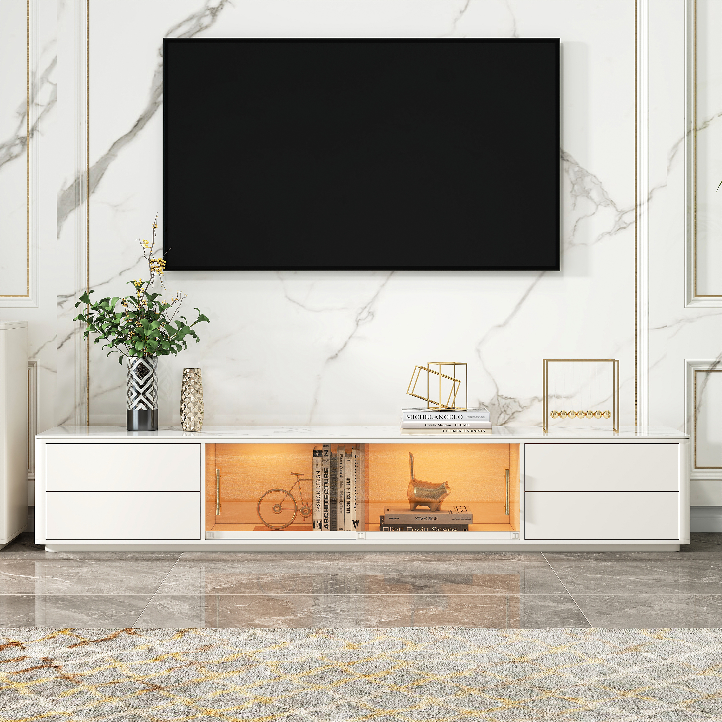85" White Wood Rectangle TV Stand Sintered Stone Top 4-Drawer Glass Doors Cabinet