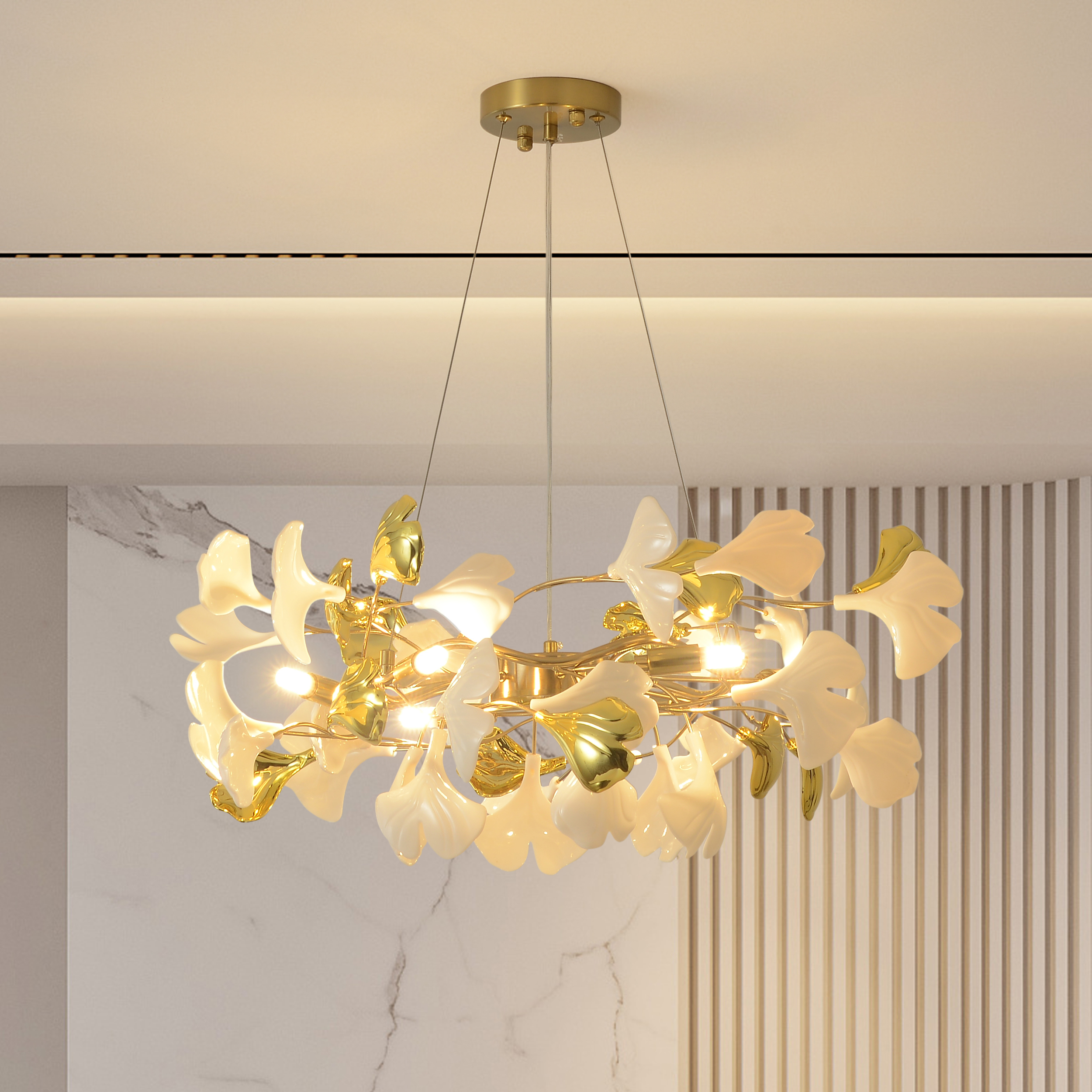 Martly 6-Light Art Deco Ginkgo Leaves Chandelier White & Gold Metal Ceiling Light