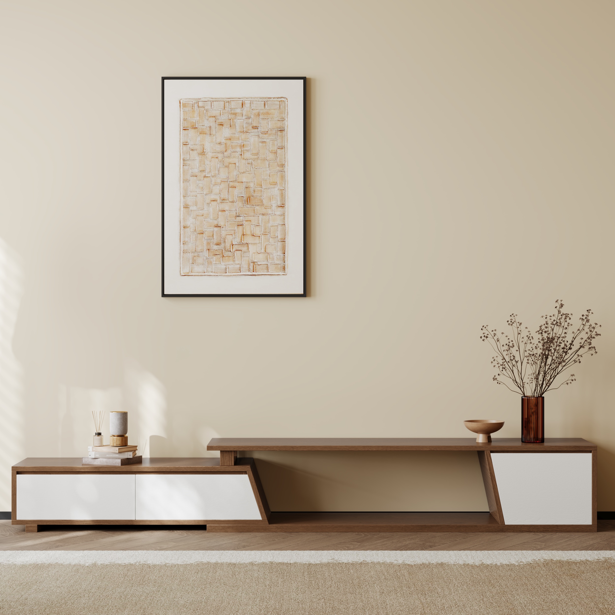 Fero mueble TV extensible blanco y nogal, mesa de TV de estilo moderno y minimalista, tamaño de 1800 mm a 2800 mm