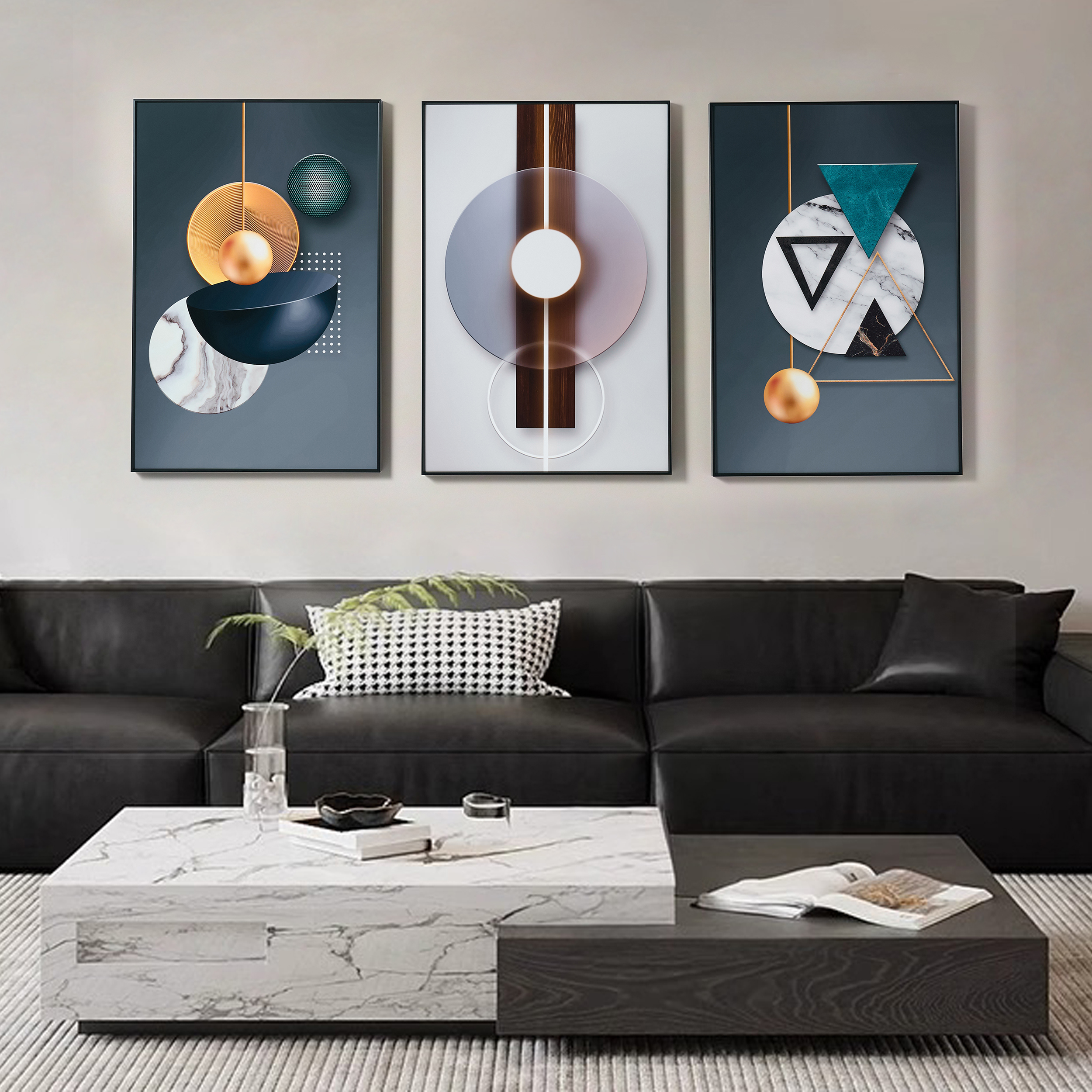 3 Pieces Luxury Wall Decor Set  With Black Frame Abstract Paintings in Living Room