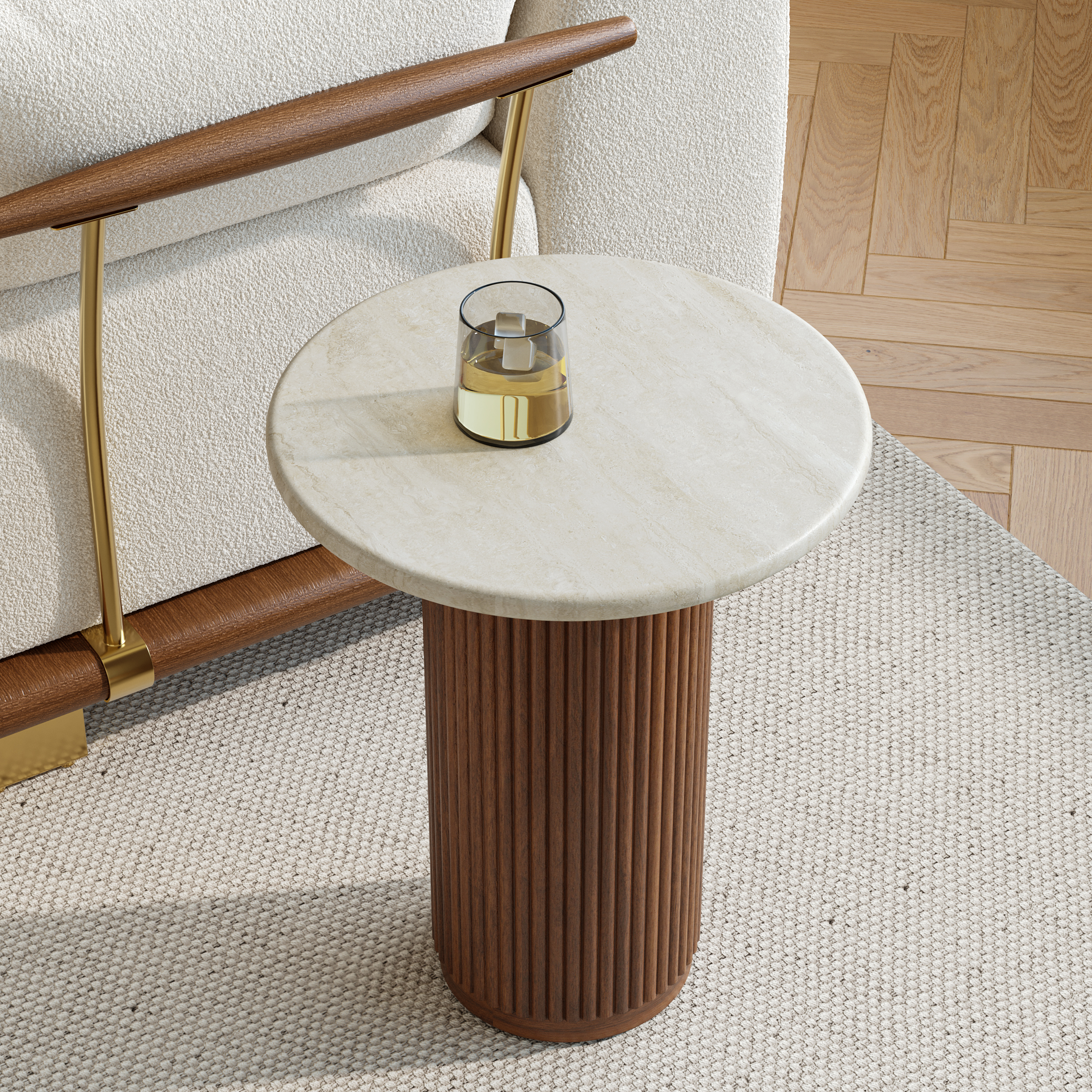 Faux Marble Round End Table Modern Side Table with Wood Base