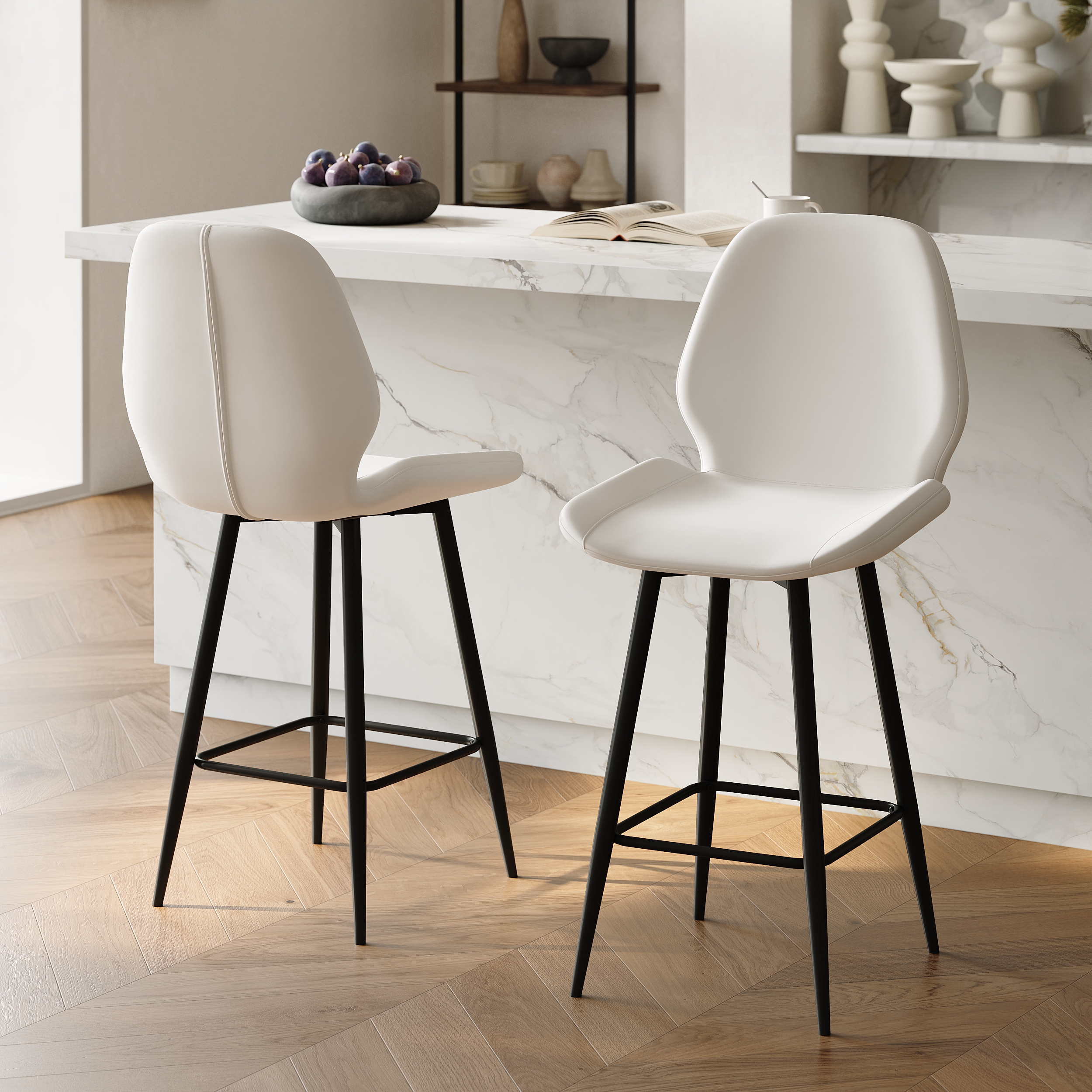 Modern Leather Counter Stool Set of 2 with Back & Footrest