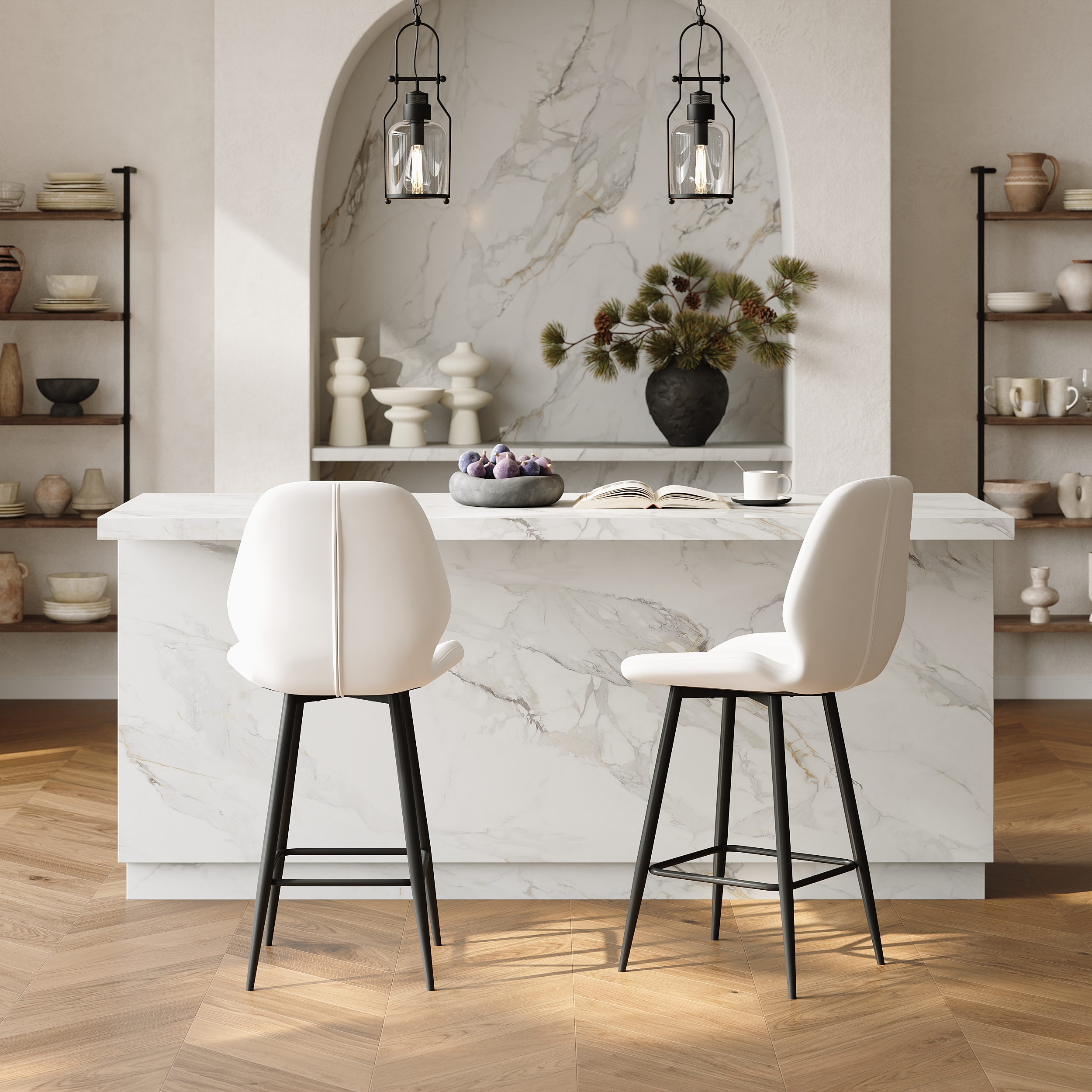 Modern Leather Counter Stool Set of 2 with Back & Footrest