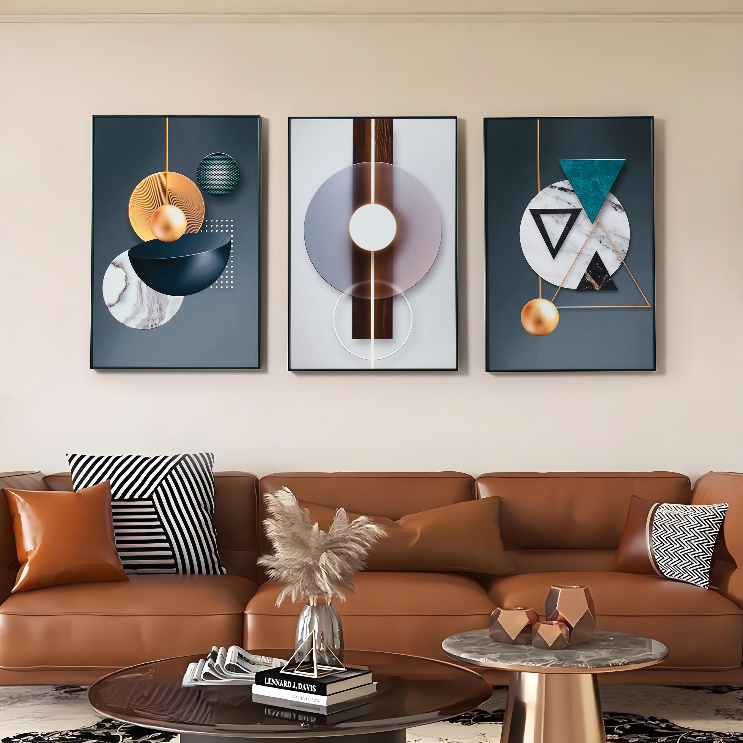 3 Pieces Luxury Wall Decor Set With Black Frame Abstract Paintings in Living Room