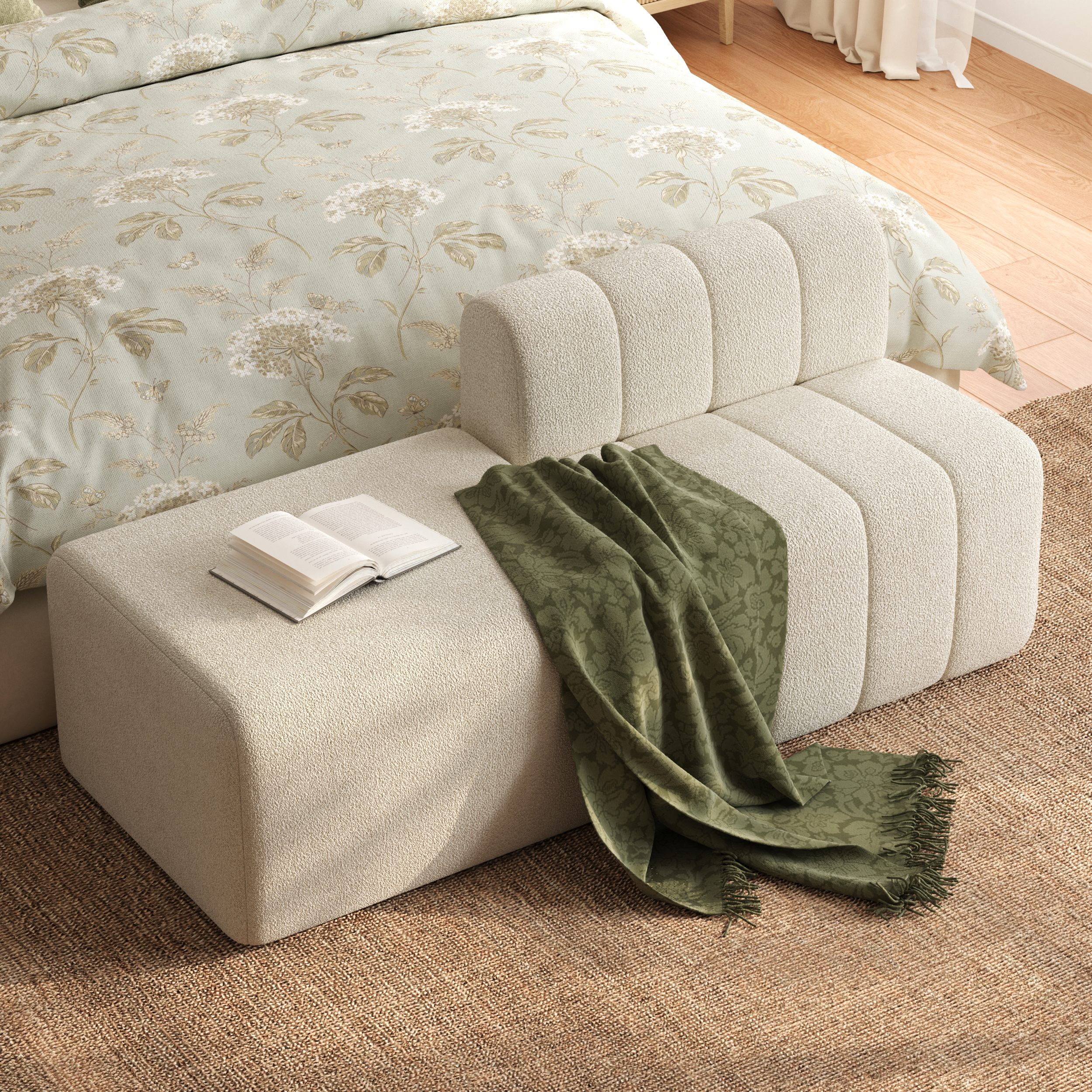 60"" Channel Boucle Bedroom Bench with Back