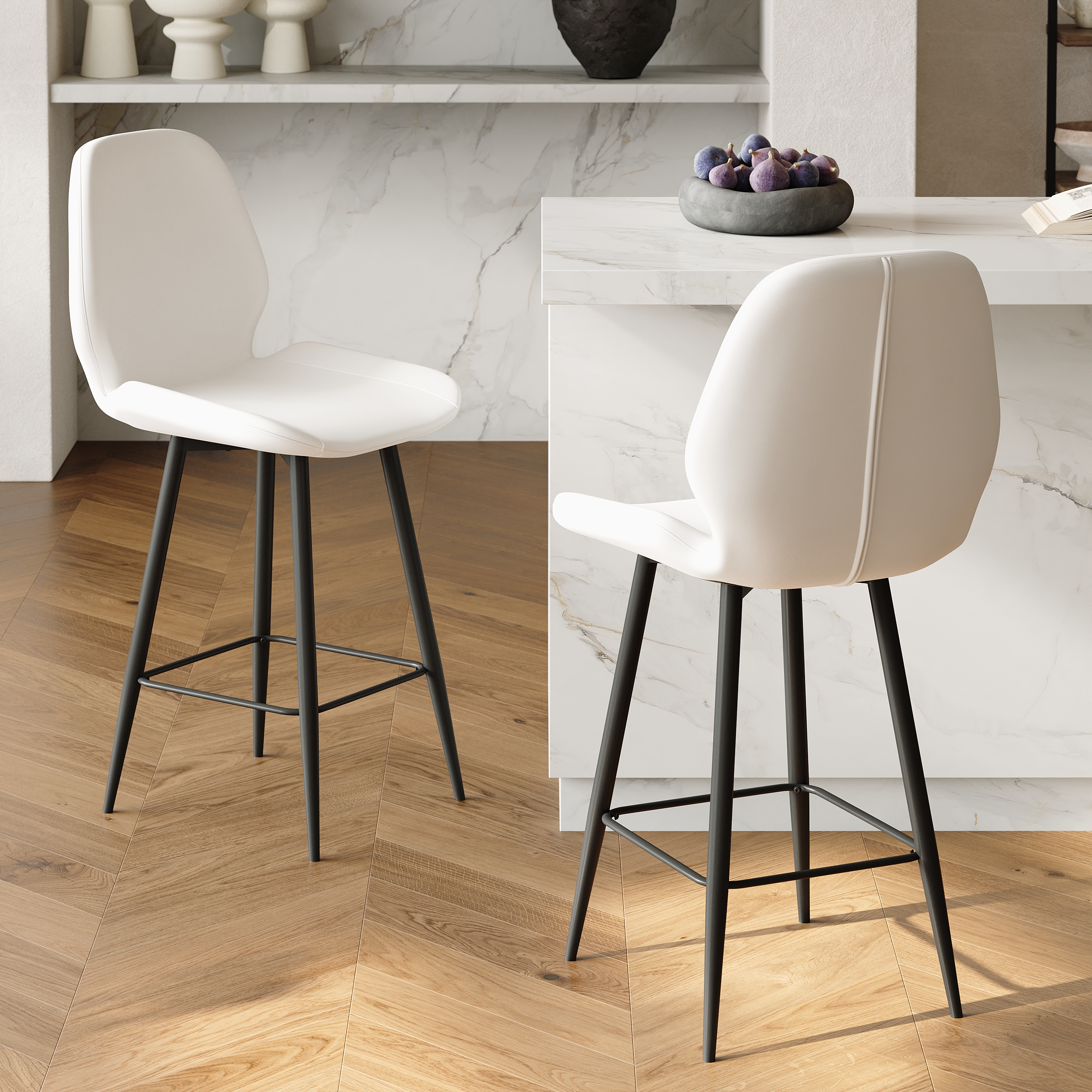 Modern Leather Counter Stool Set of 2 with Back & Footrest