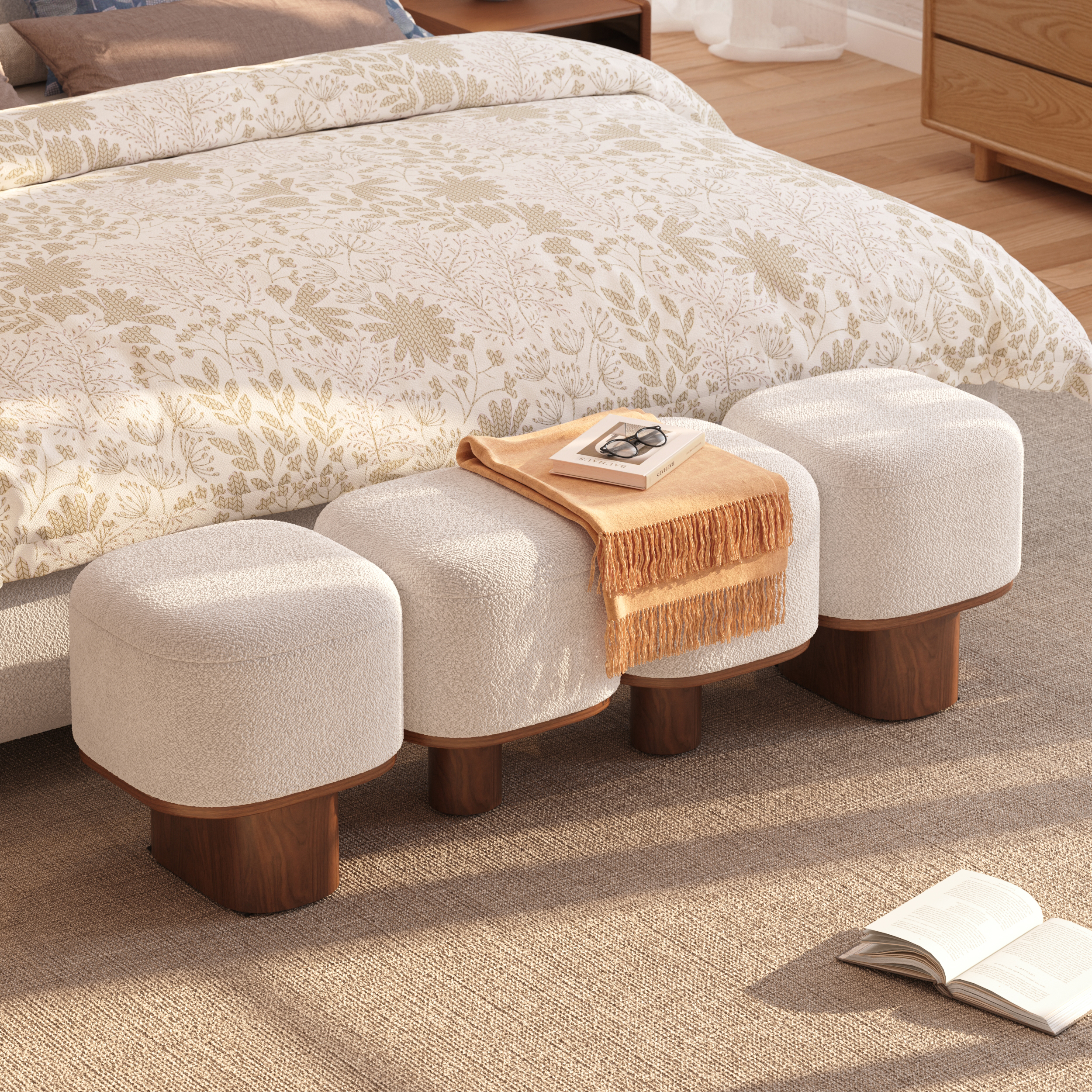 56"" Modern Boucle Bedroom Bench with Rubber Wood Legs