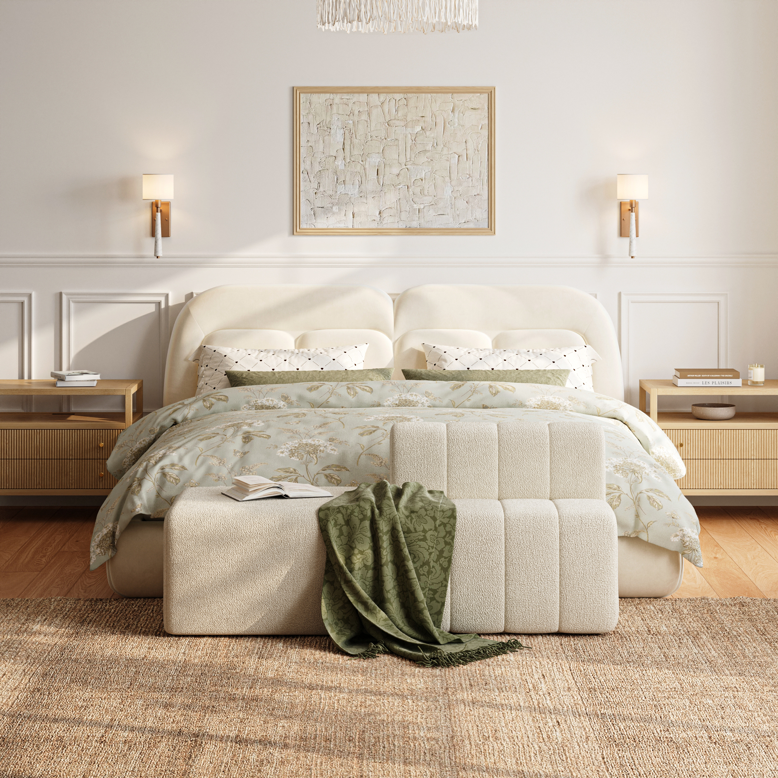 60" Channel Boucle Bedroom Bench with Back