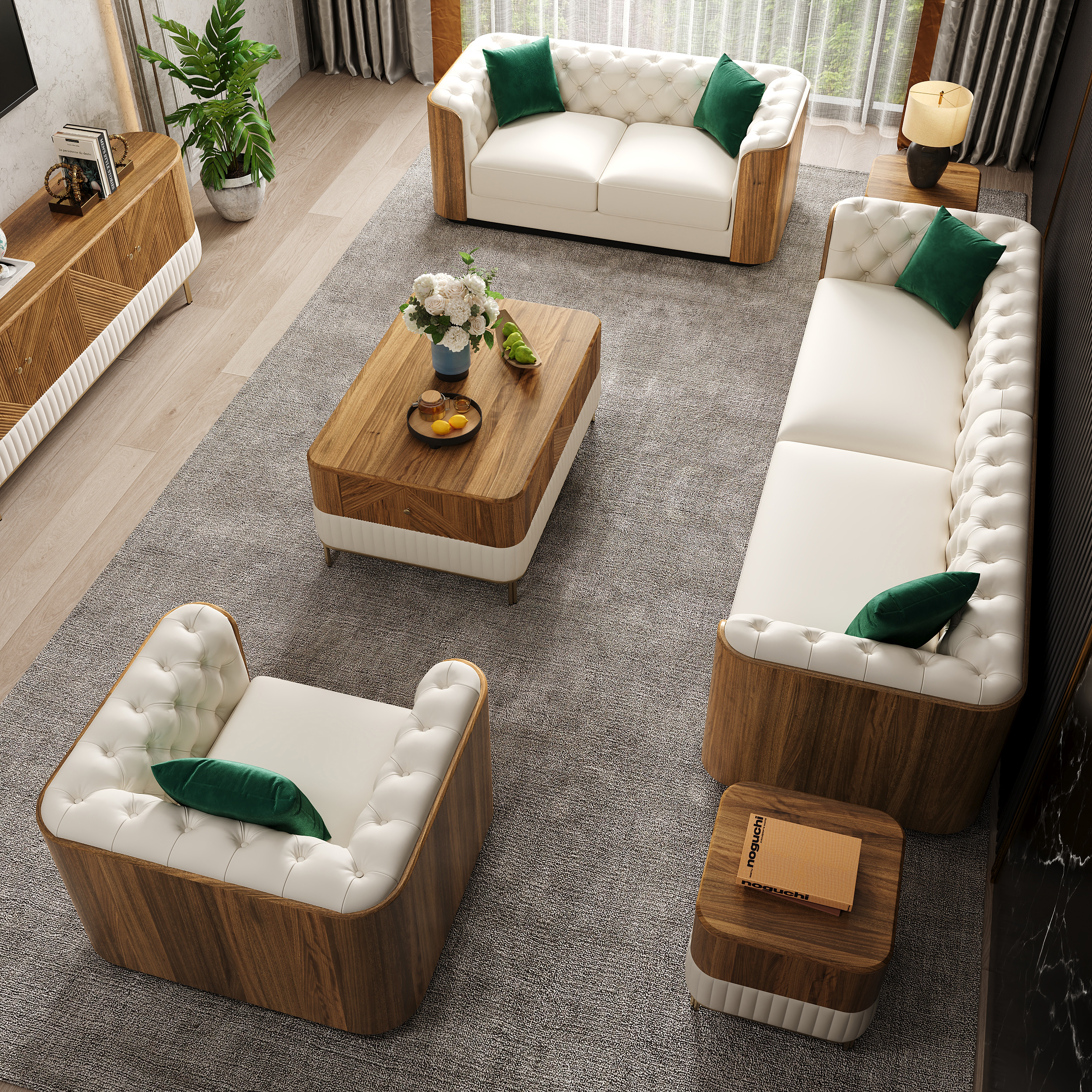 Wovent Modern Beige Faux Leather Tufted Sofa & Loveseat Living Room Set of 3