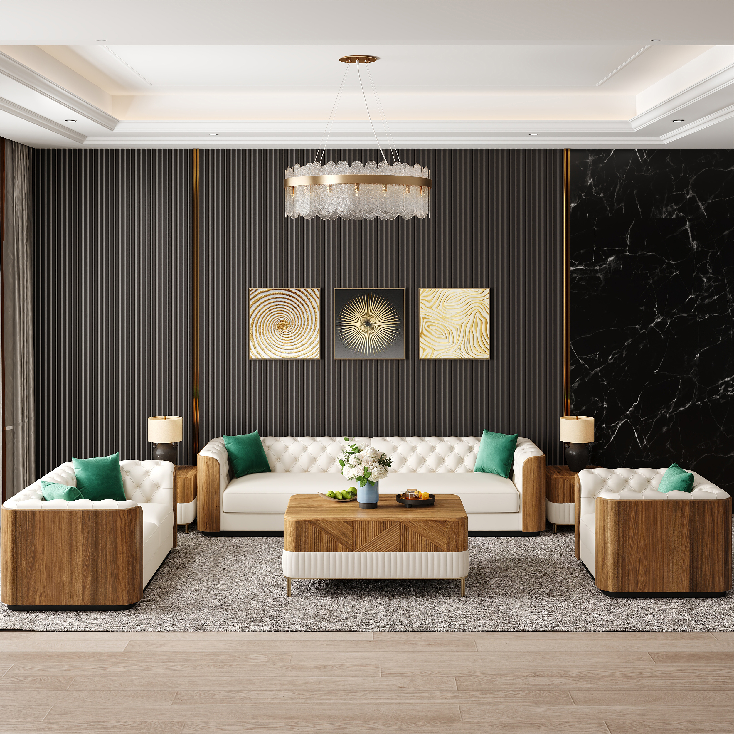 Wovent Modern Beige Faux Leather Tufted Sofa & Loveseat Living Room Set of 3