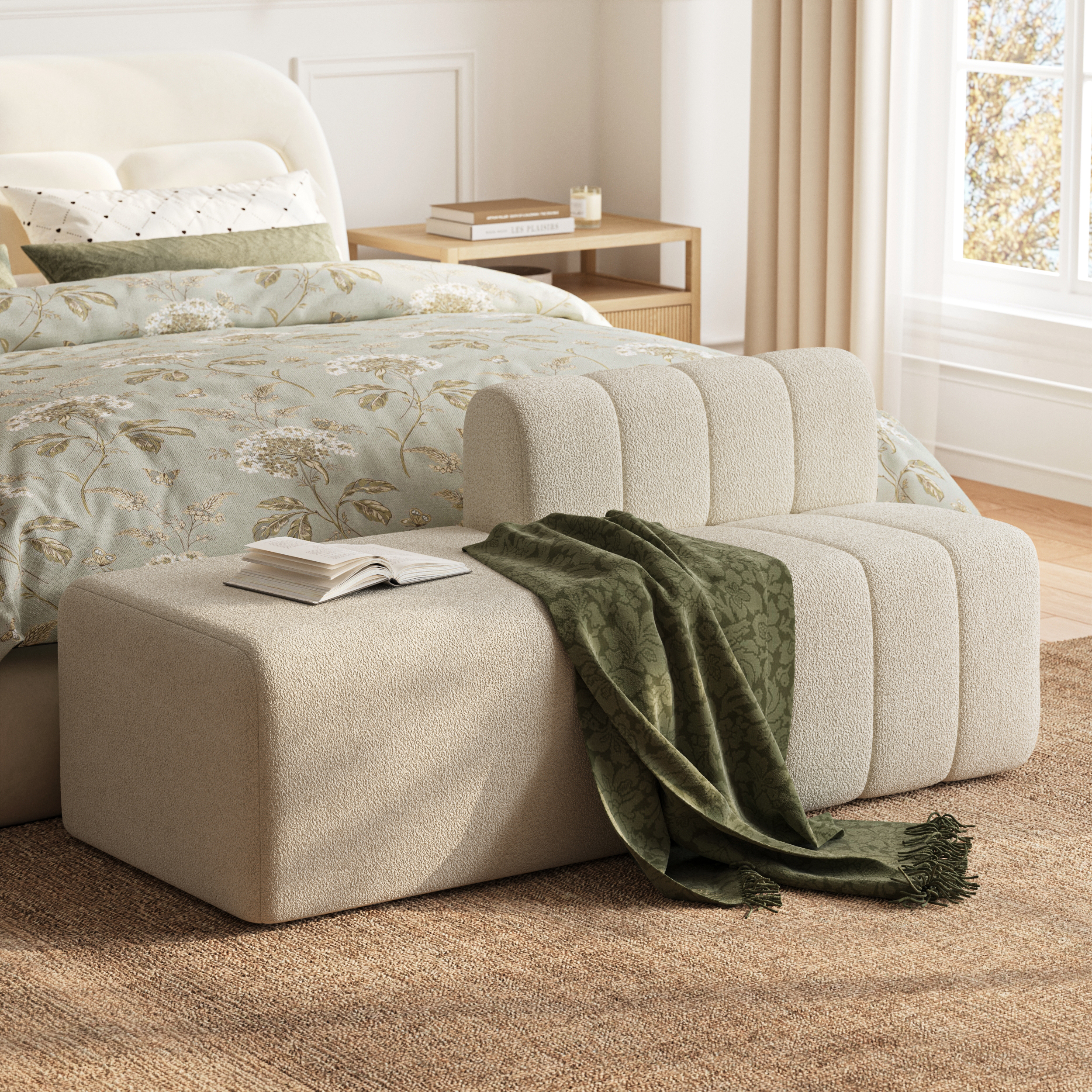 60" Channel Boucle Bedroom Bench with Back