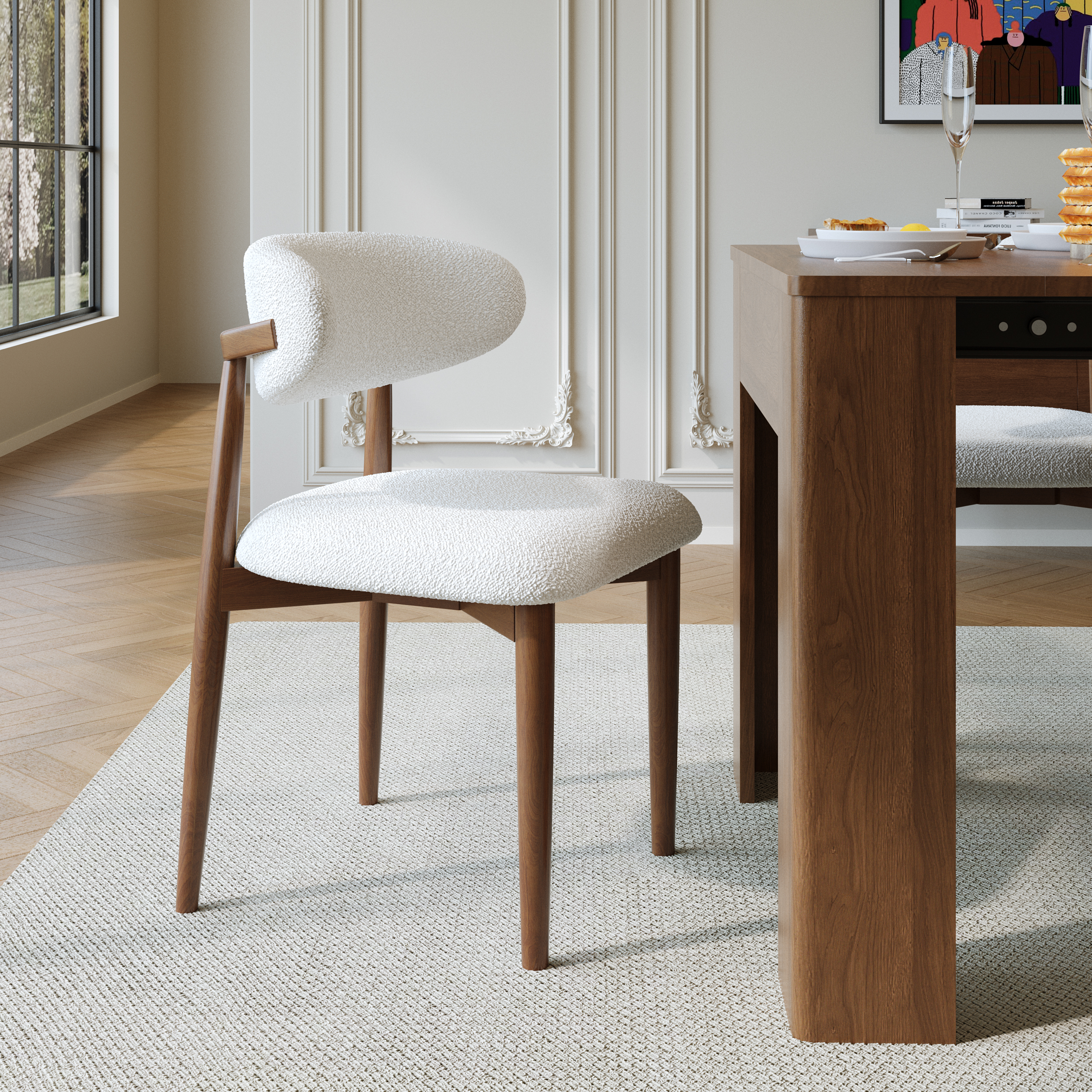 Modern Rubber Wood Walnut Dining Chair with Boucle Upholstery