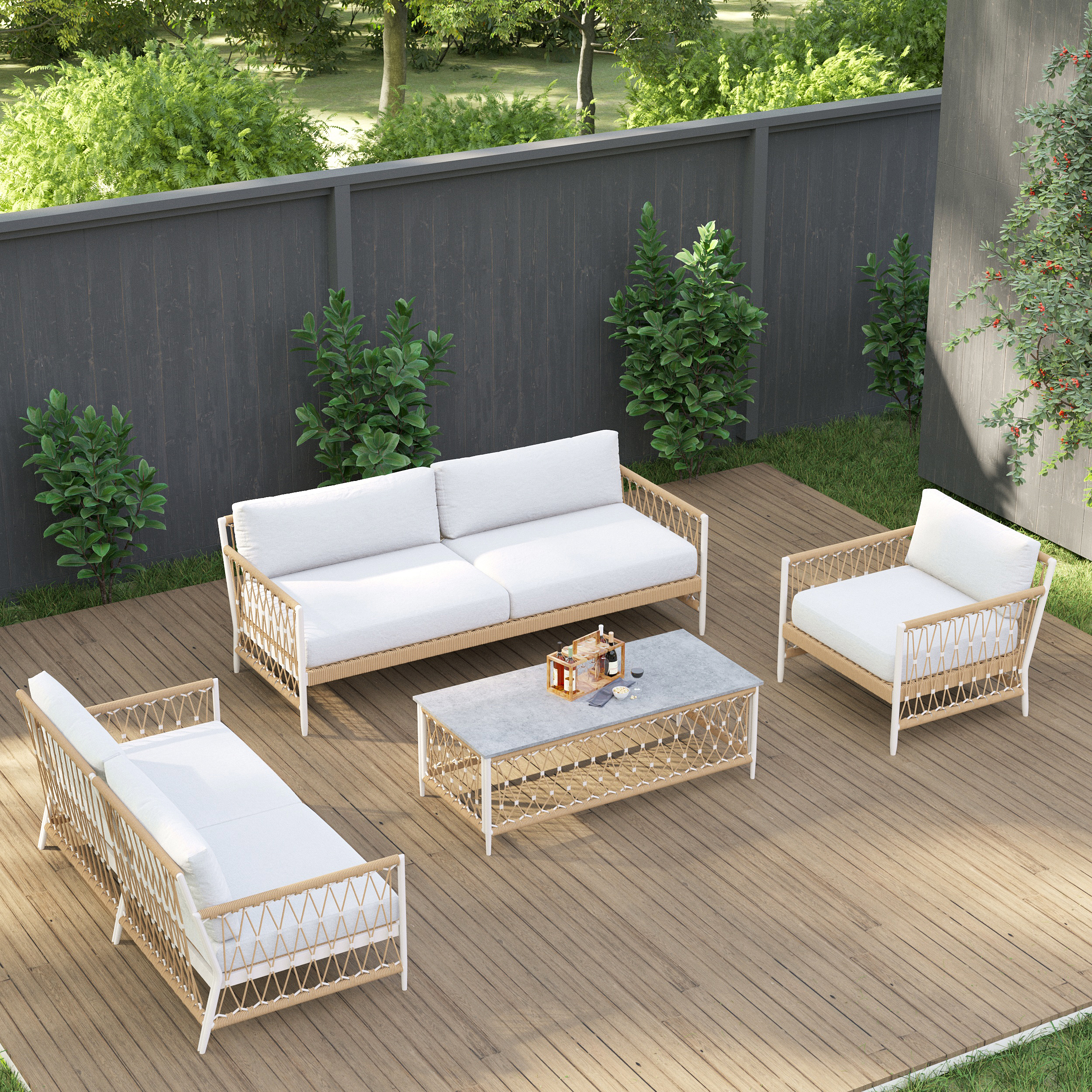 Ropipe 4-Pieces Woven Rope Outdoor Sectional Sofa Set in Khaki & White For 6