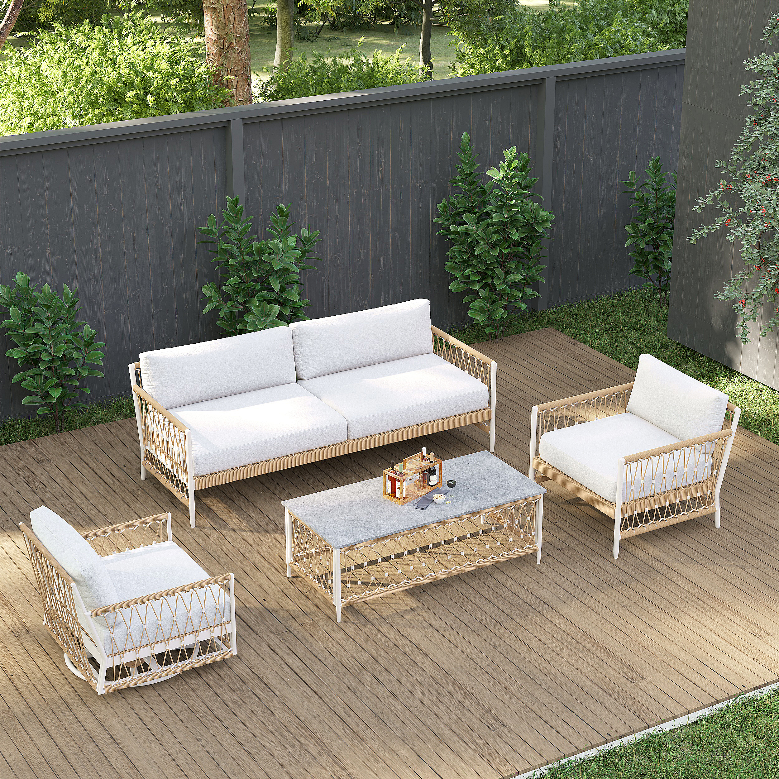 Conjunto de jardín en aluminio para 4 personas, cojines resistente a la Intemperie en blanco y caqui, estilo Boho para terraza y exterior