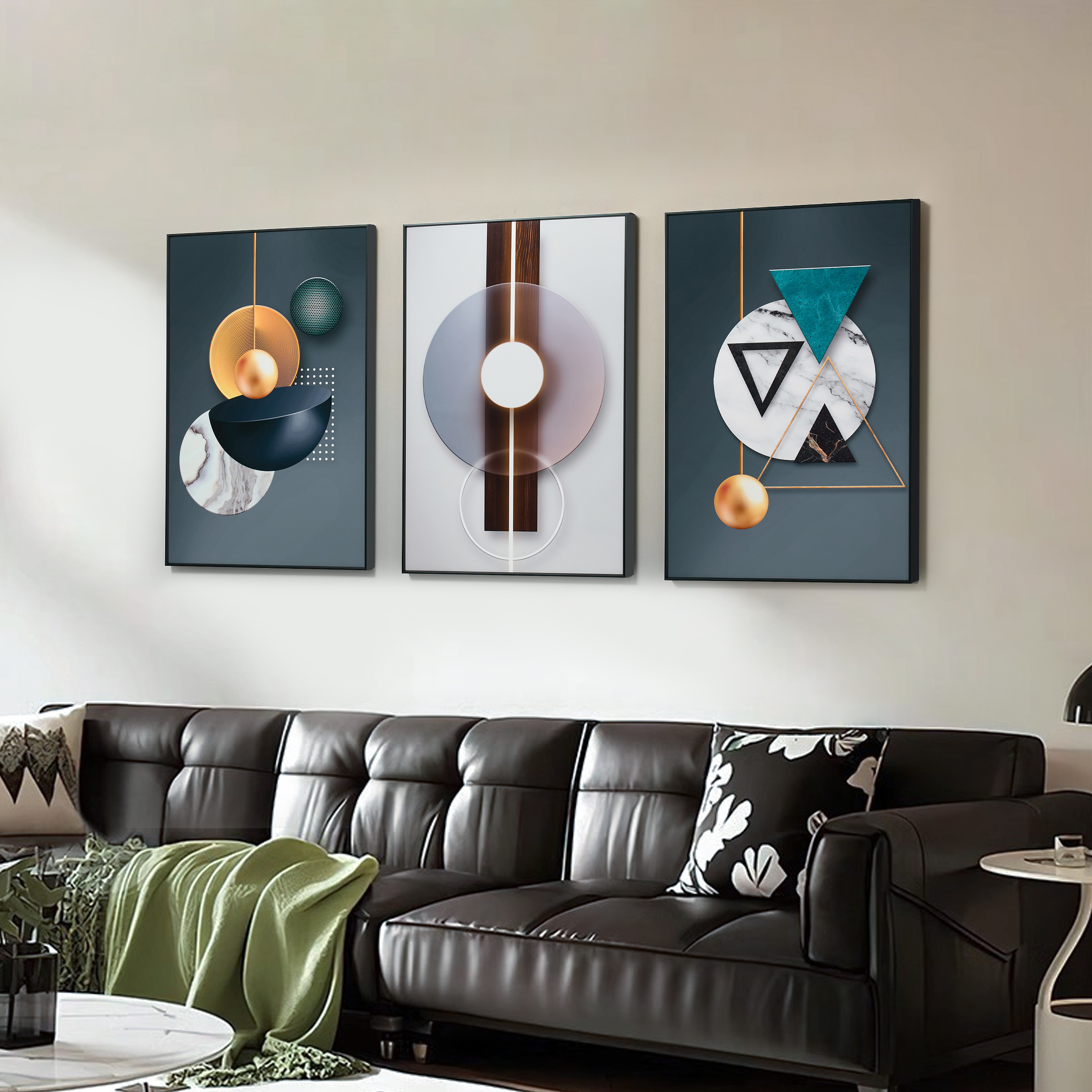 3 Pieces Luxury Wall Decor Set With Black Frame Abstract Paintings in Living Room