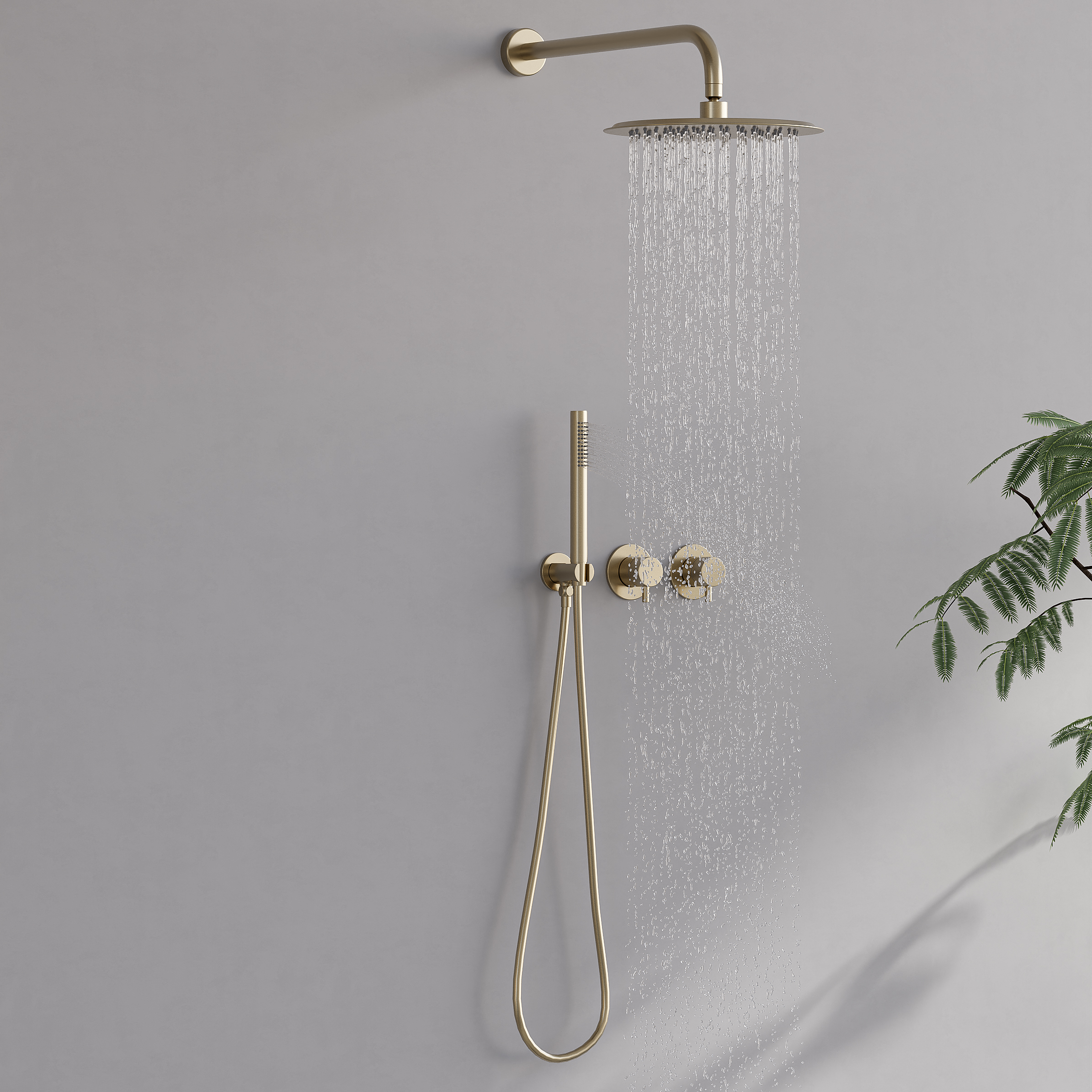 10" Wall-Mounted Shower System Round Brushed Gold 2-Function with Hand Shower