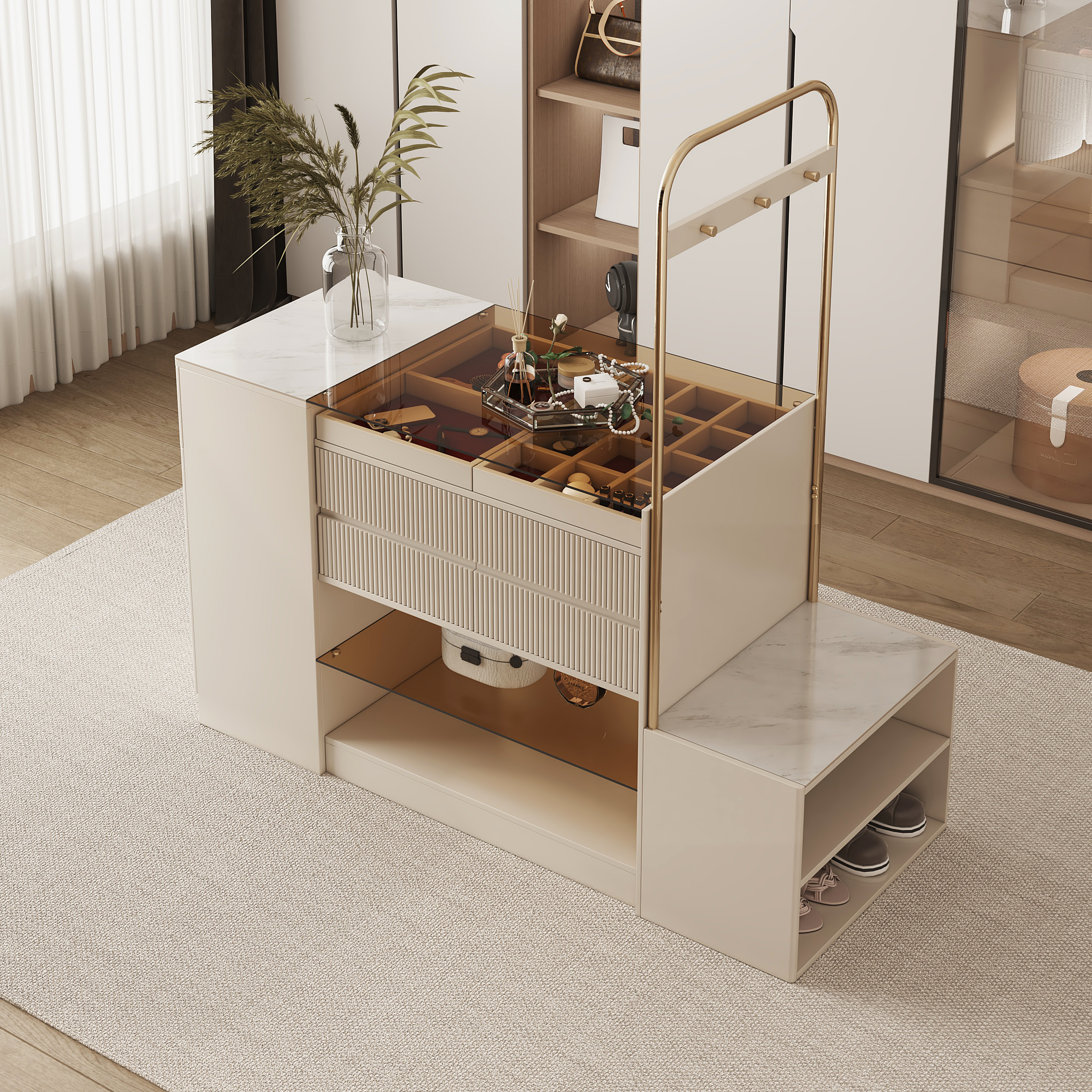 60"W Modern Off White Dresser with Doors & Drawers Walk in Closet Island Jewelry Storage & Rack &