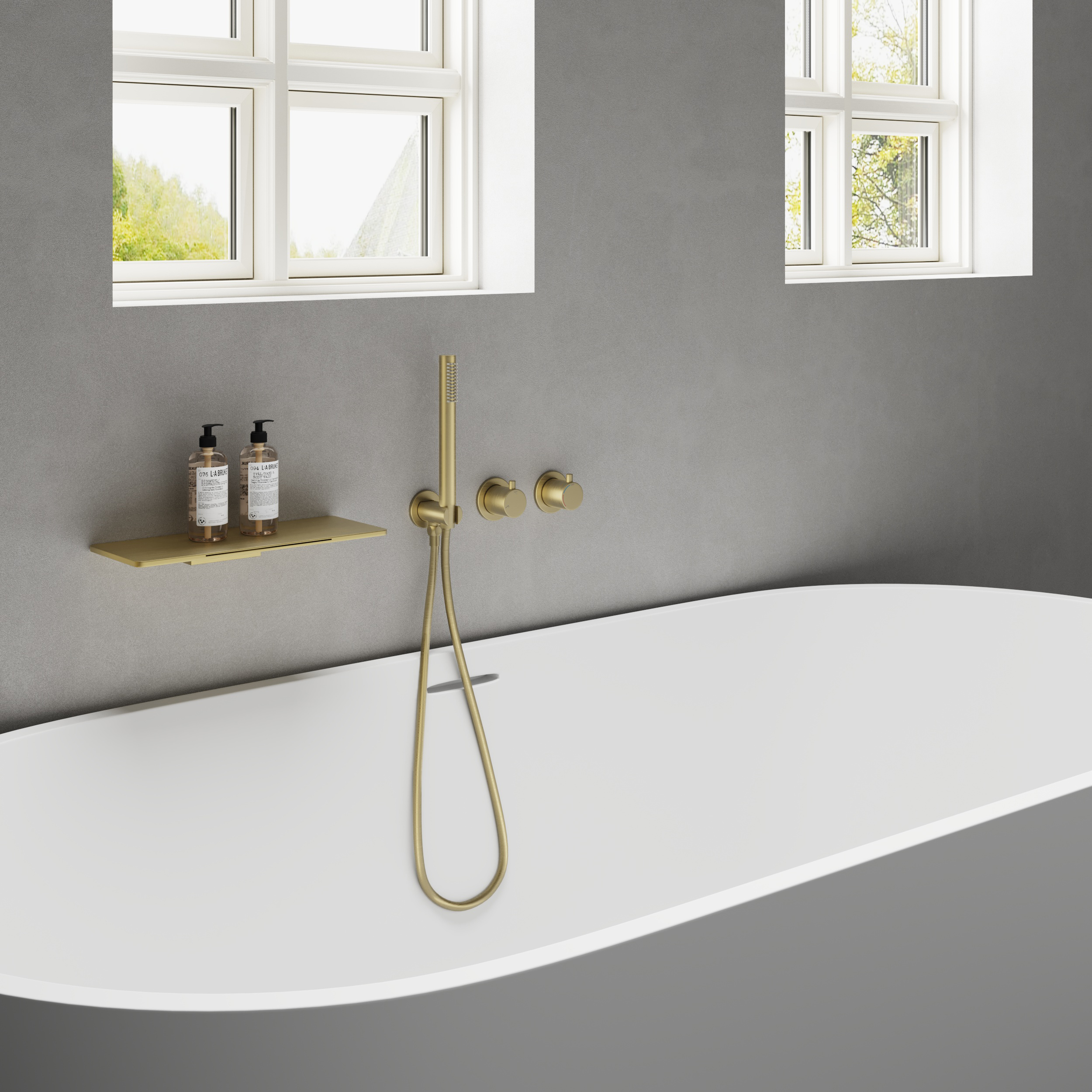 Brushed Gold Brass Bathtub Faucet Wall-Mounted Tub Filler Waterfall Design With Hand