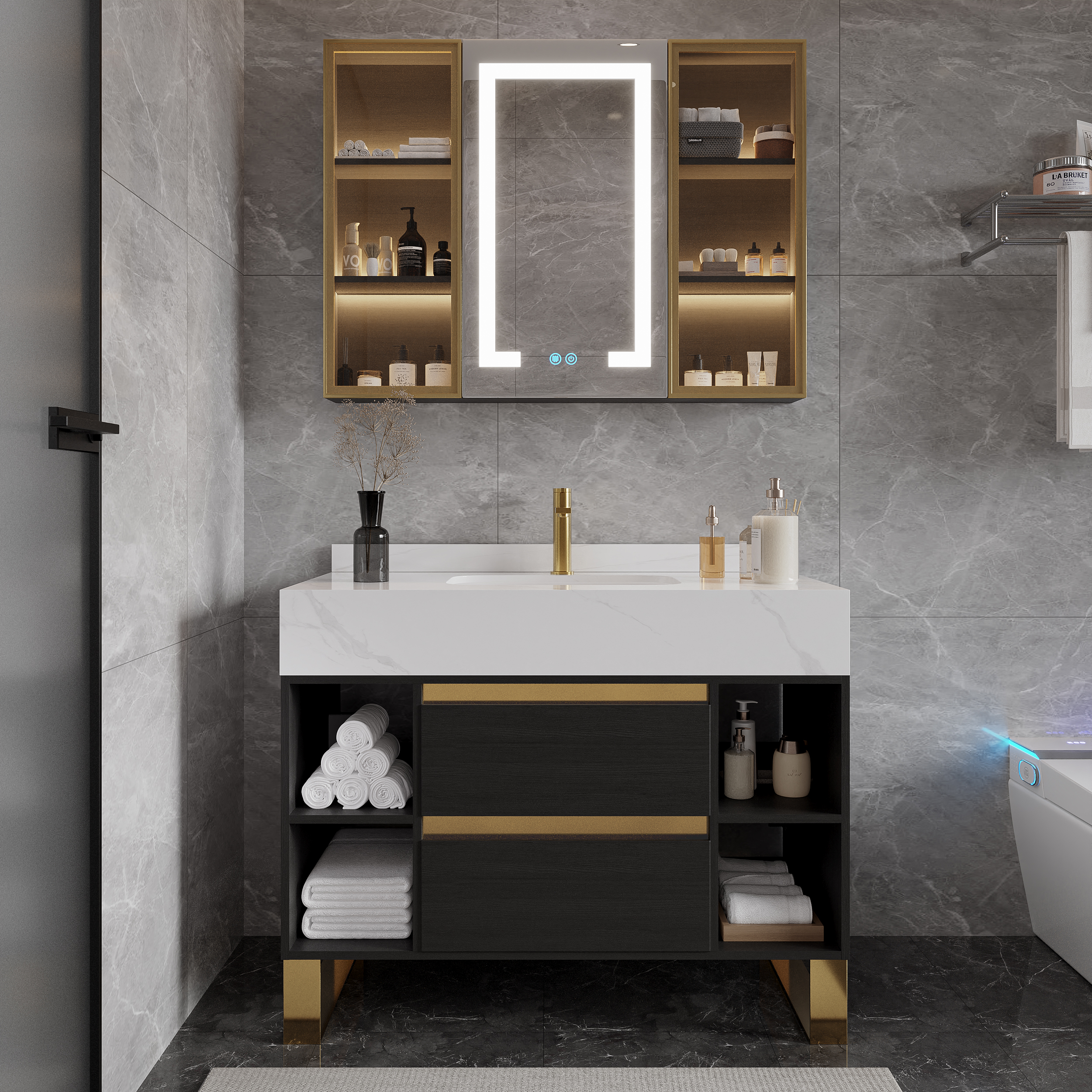 Juego de tocador de baño independiente en blanco y negro con lavabo de cerámica | 2 cajones de madera maciza
