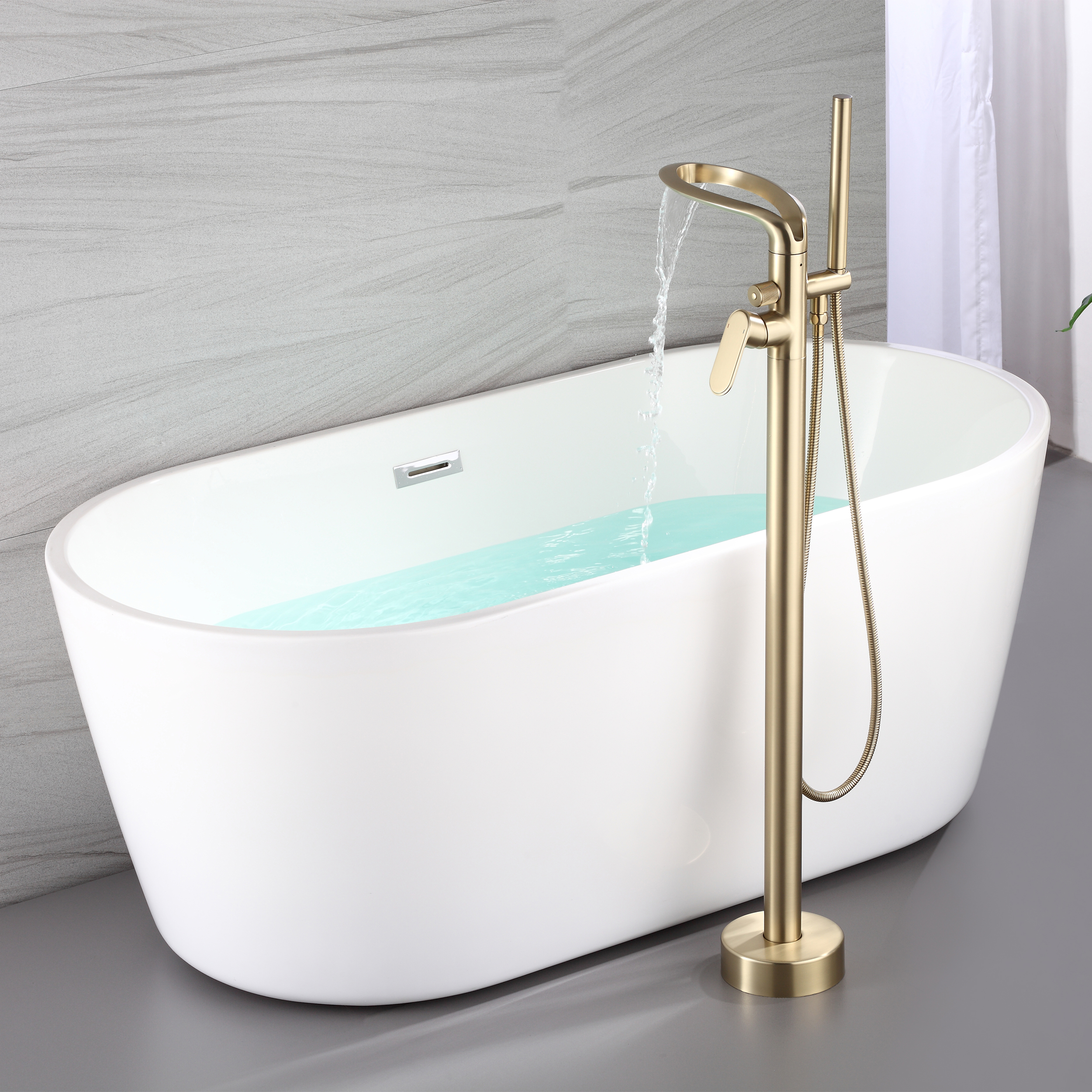 Brushed Gold Freestanding Tub Filler Faucet 360° Swivel Waterfall Spout Design with Hand