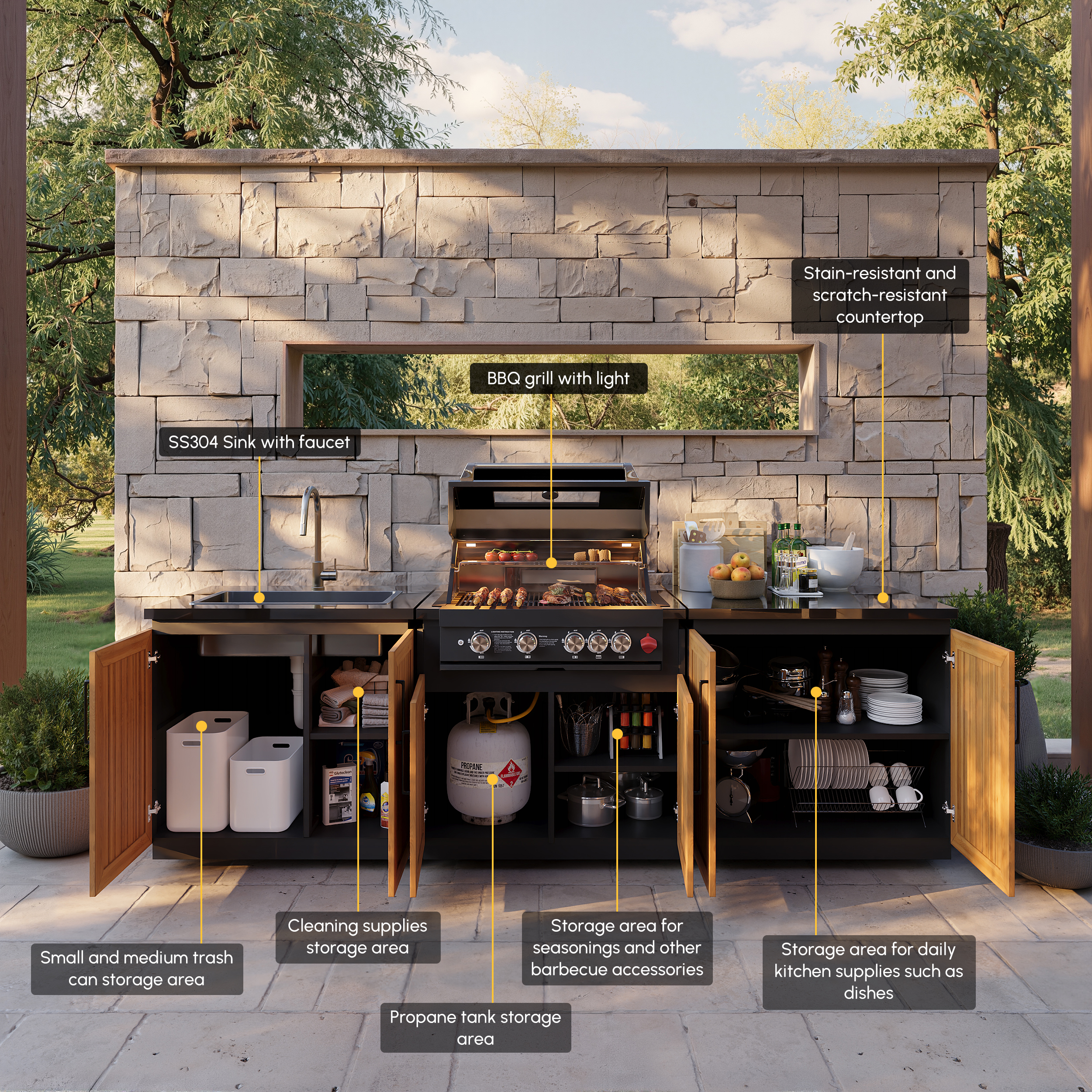 Axis Outdoor Kitchen Island 3-Piece Set with 48,000 BTU Built-in Grill, Sintered Stone selling image