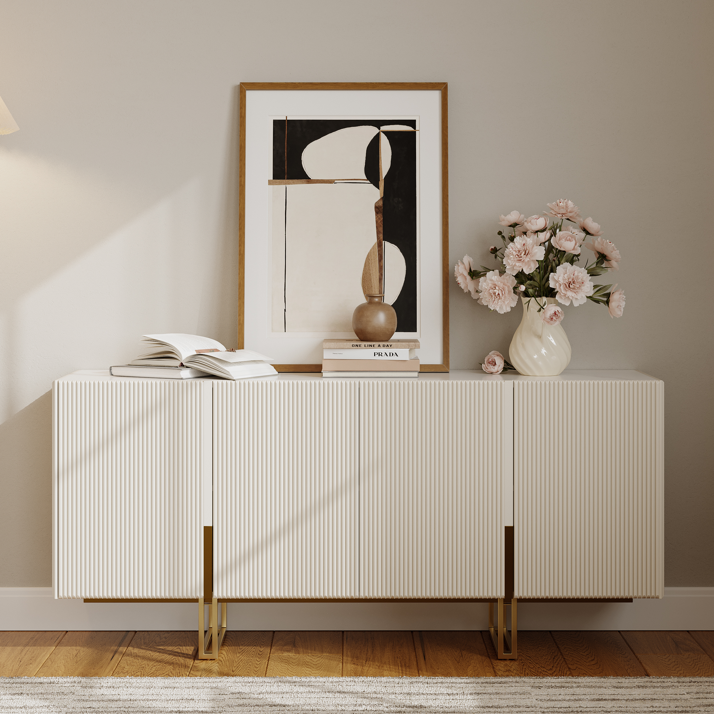 Grovyn 1200mm Buffet Sideboard Sintered Stone Top White Fluted with Adjustable Shelves