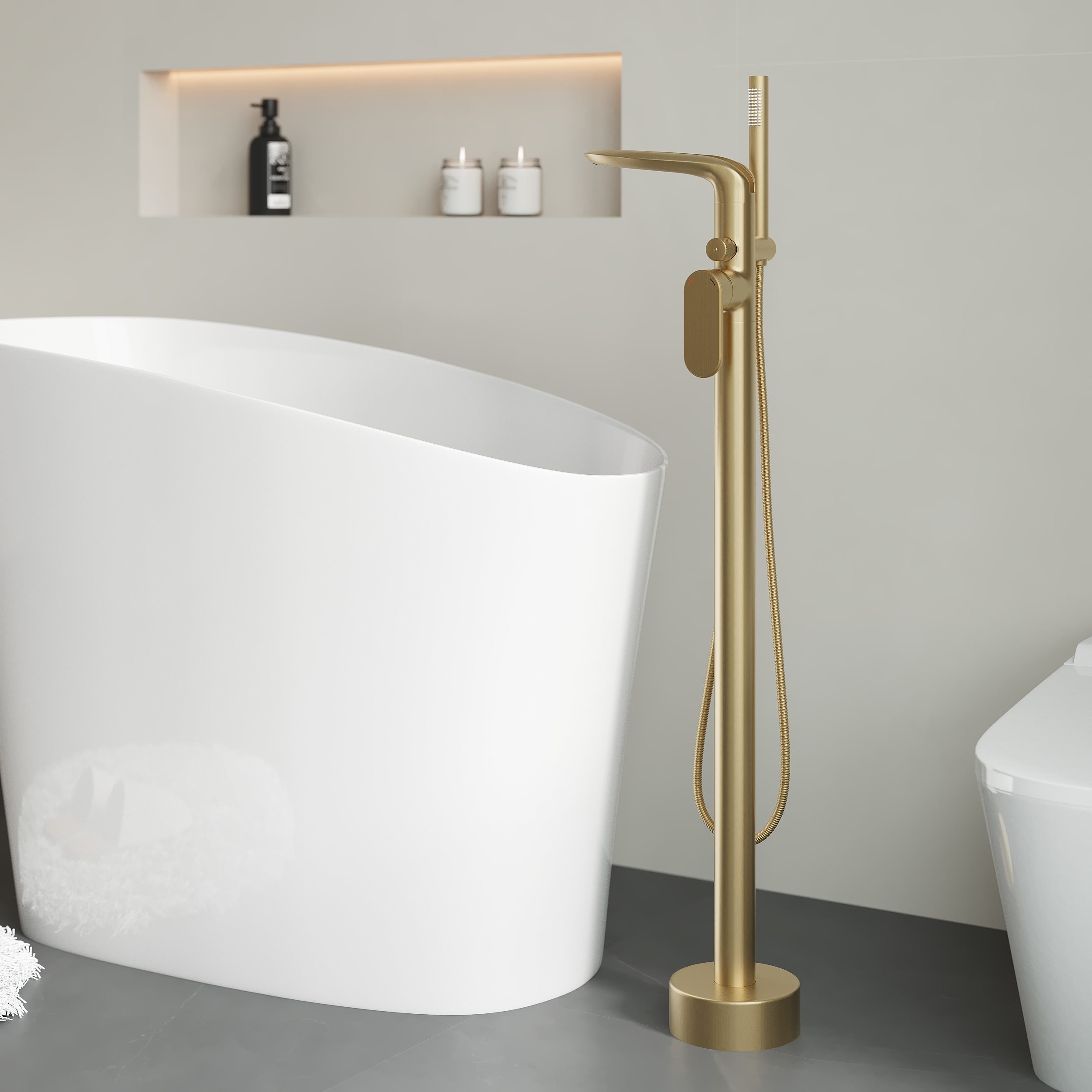 Brushed Gold Freestanding Tub Filler Faucet 360° Swivel Waterfall Spout Design with Hand