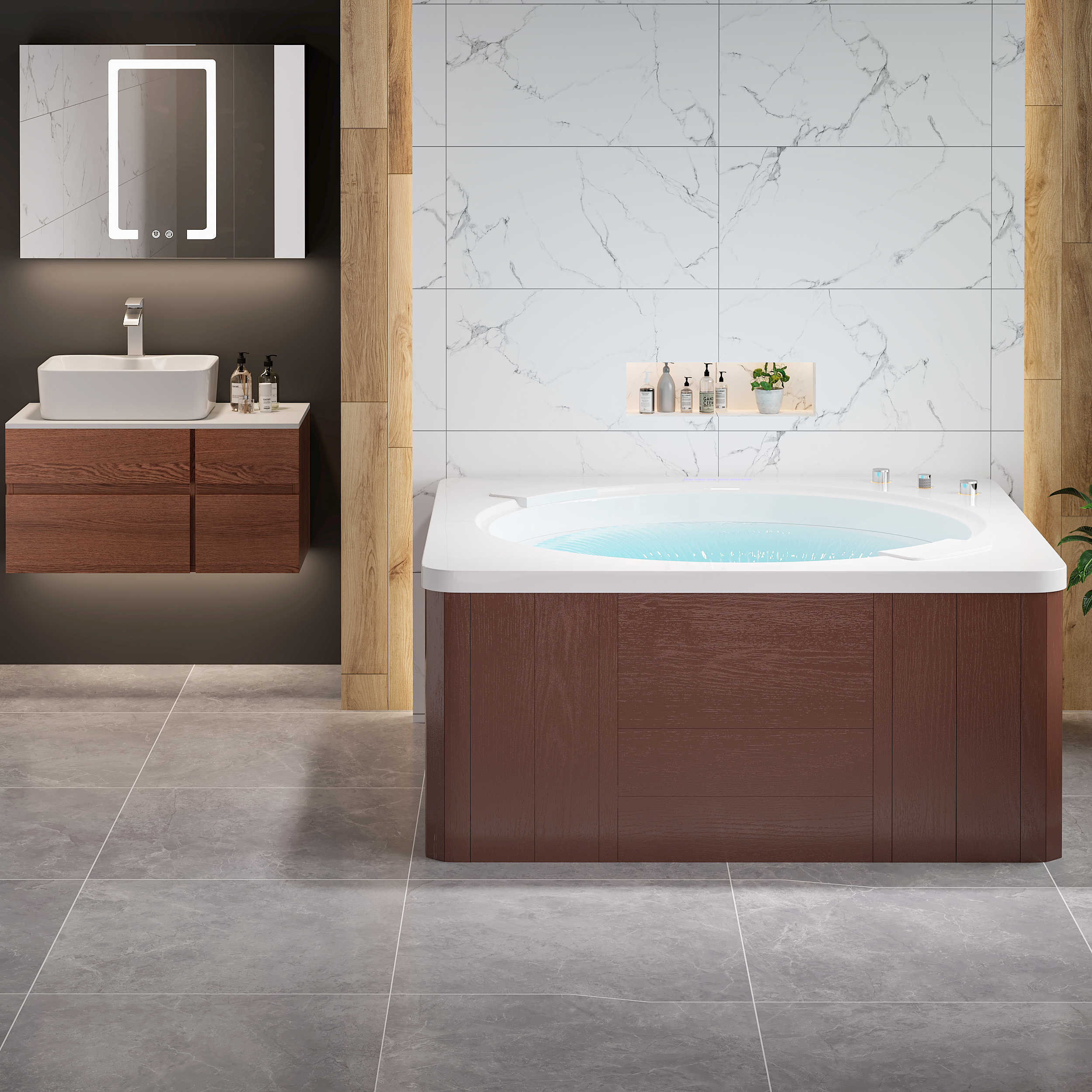 57" Double Jetted Jacuzzi Bathtub Acrylic with LED Lighting & Ozone Sterilization & Temperature